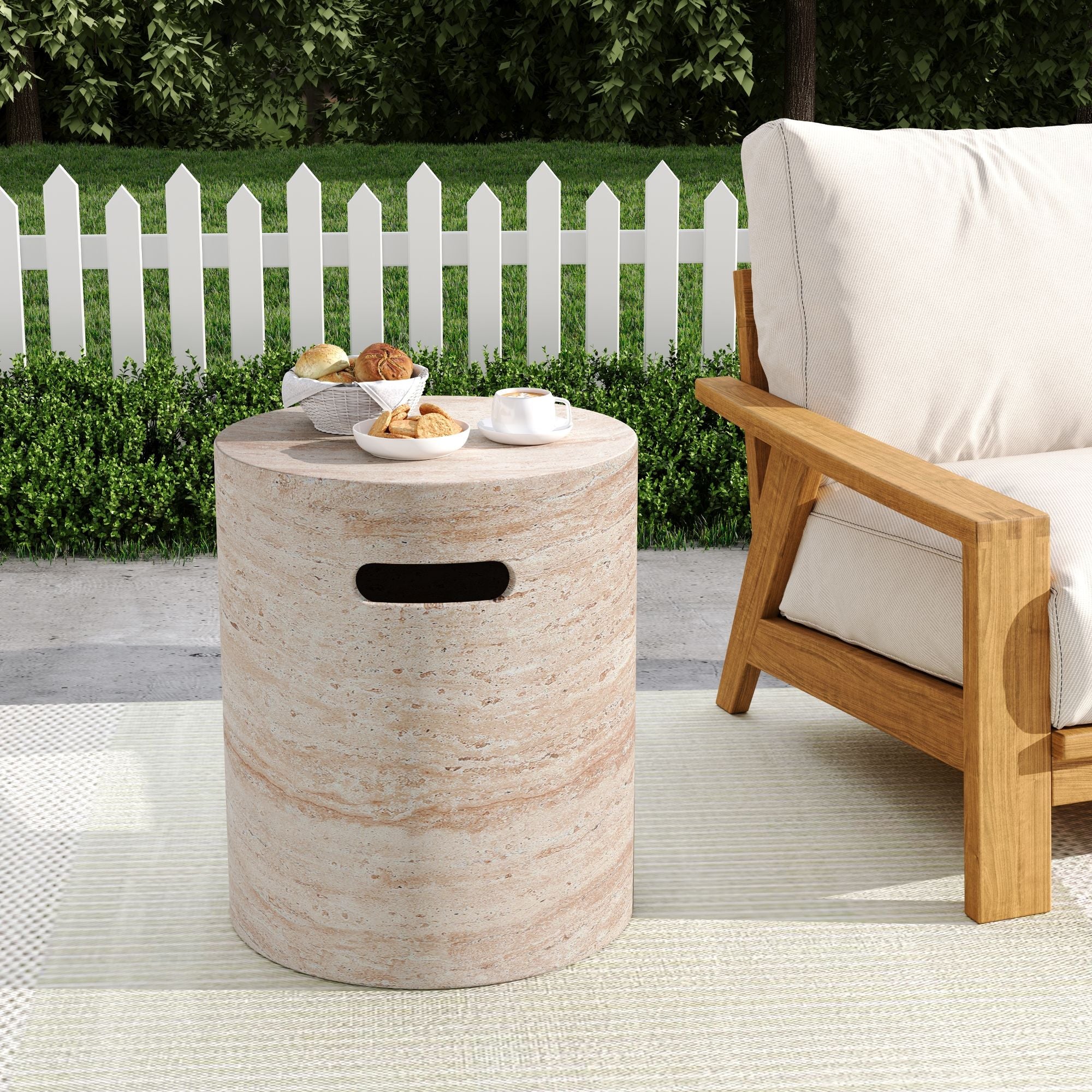 Modern Concrete Side Table With Travertine, Indoor / Outdoor Use - Beige - Image 8