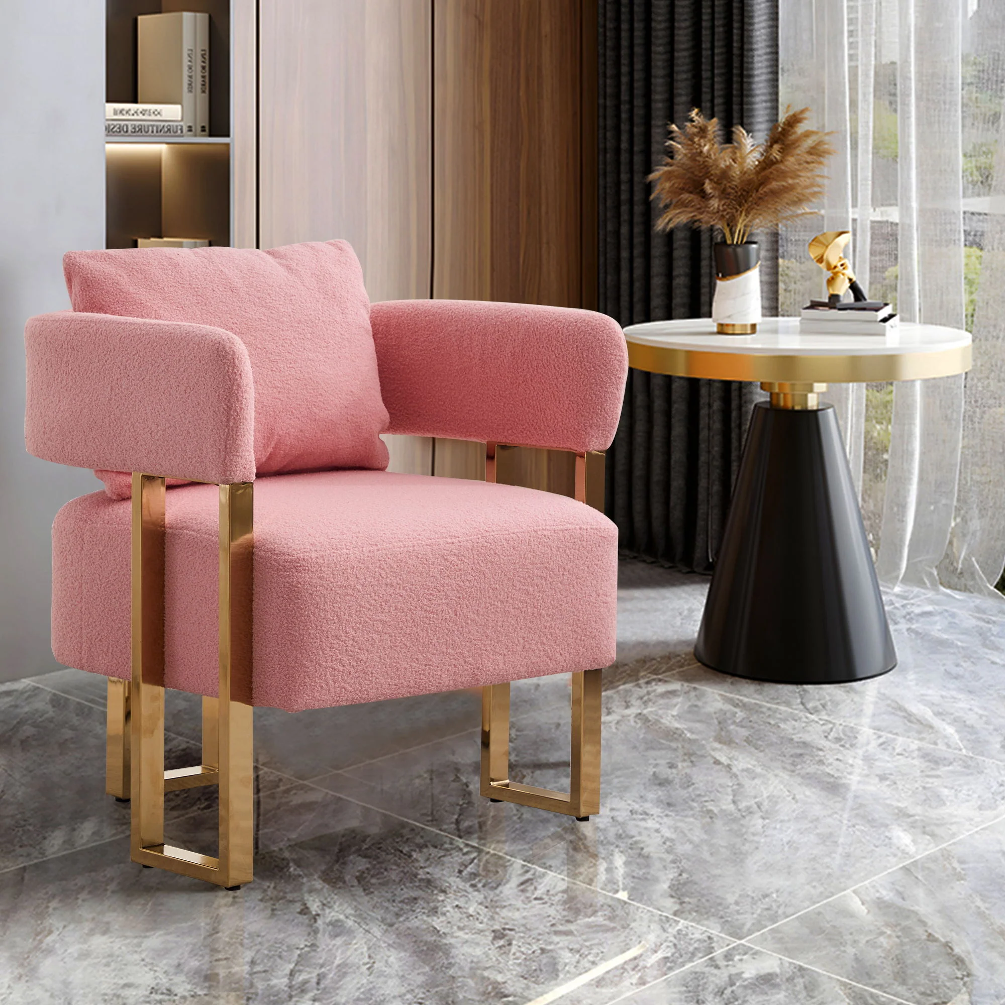 Modern Decorative Chair Teddy Fleece Upholstered And Metal Foot - Image 13