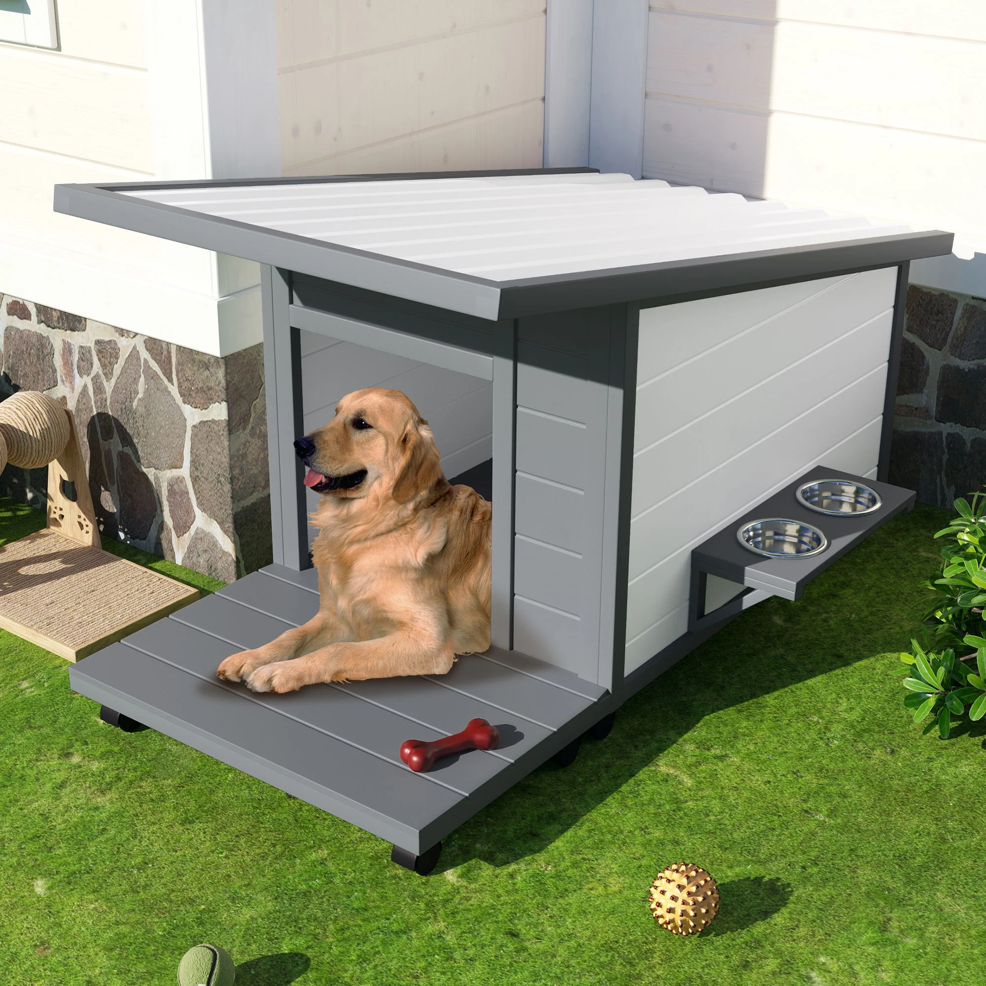 Modern Design Outdoor Dog House With Food Bowl And Wheels Pine - Gray / White - Image 8