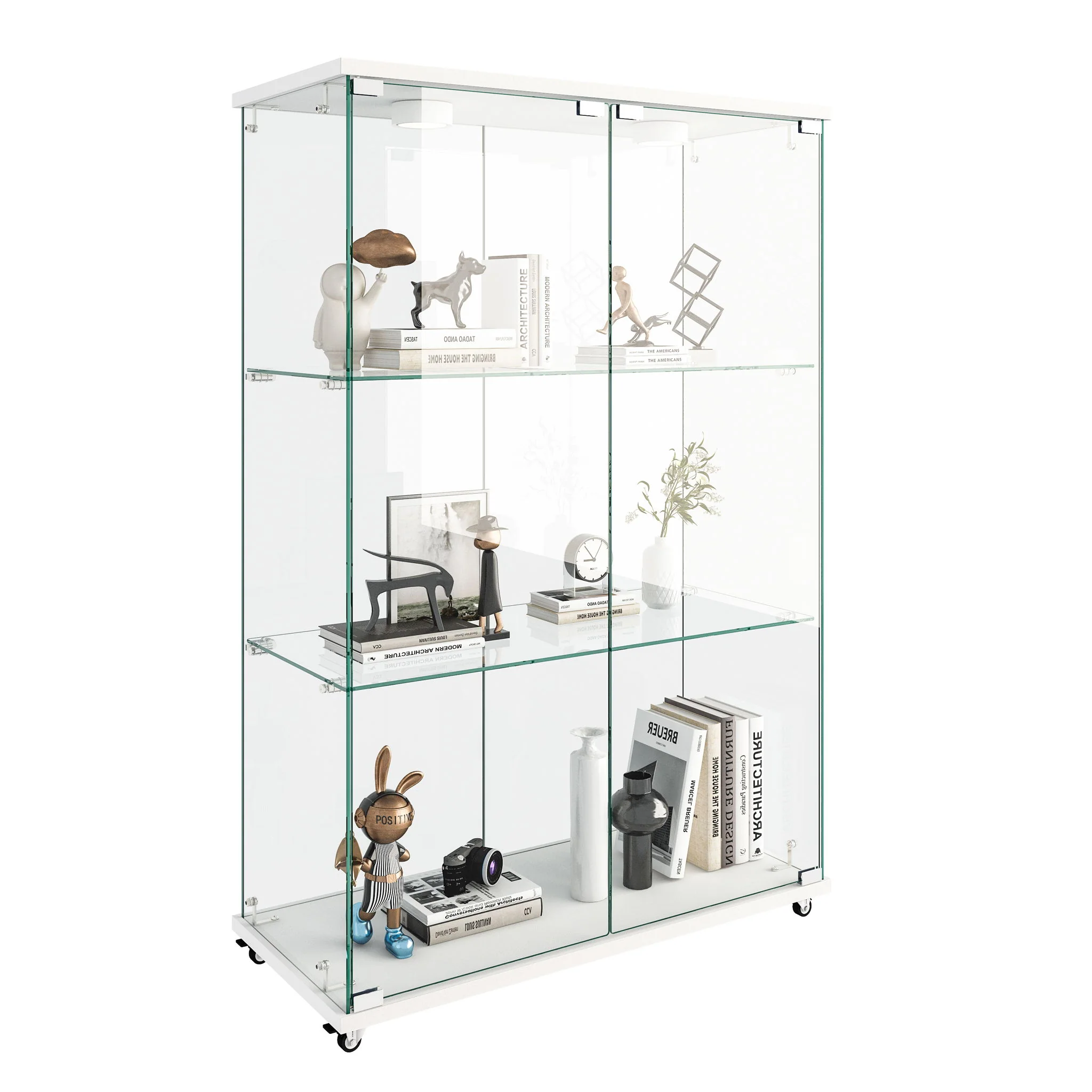 Modern Display Cabinet With LED Lights, Transparent Tempered Glass 2 Door Storage Case With 3 Shelves - Image 3