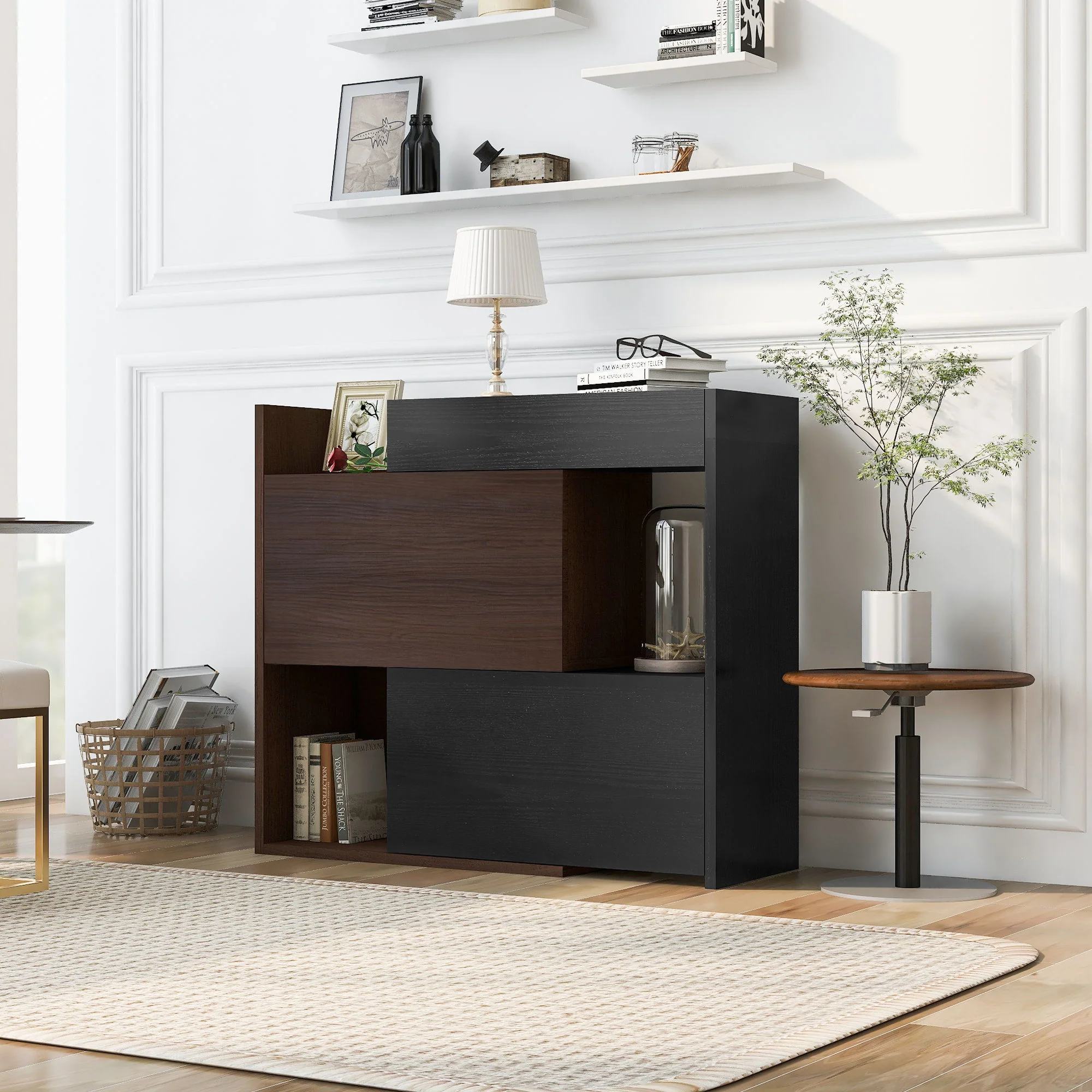 Modern Extendable & Rotating Cabinet With Drawer And Flip Doors For Versatile Storage - Black / Dark Walnut - Image 9