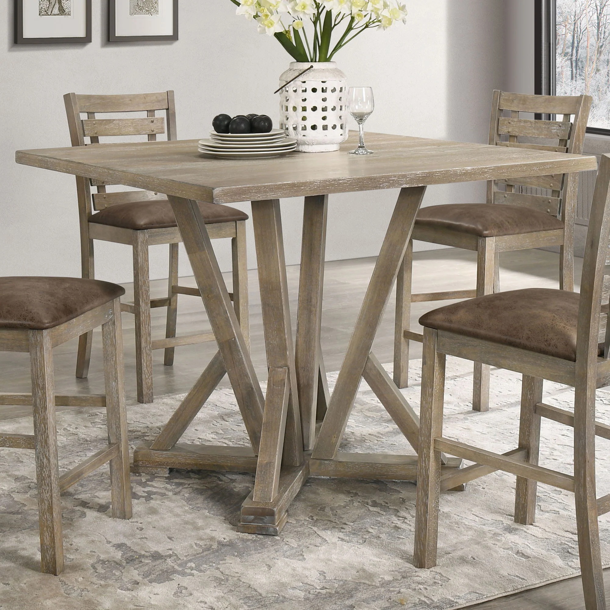 Modern Farmhouse Square Counter Table Solid Wood Rubberwood Antique Finishing Rustic Look Distressed Look Wire Brushed For 4 Seaters - Grayish Brown - Image 3