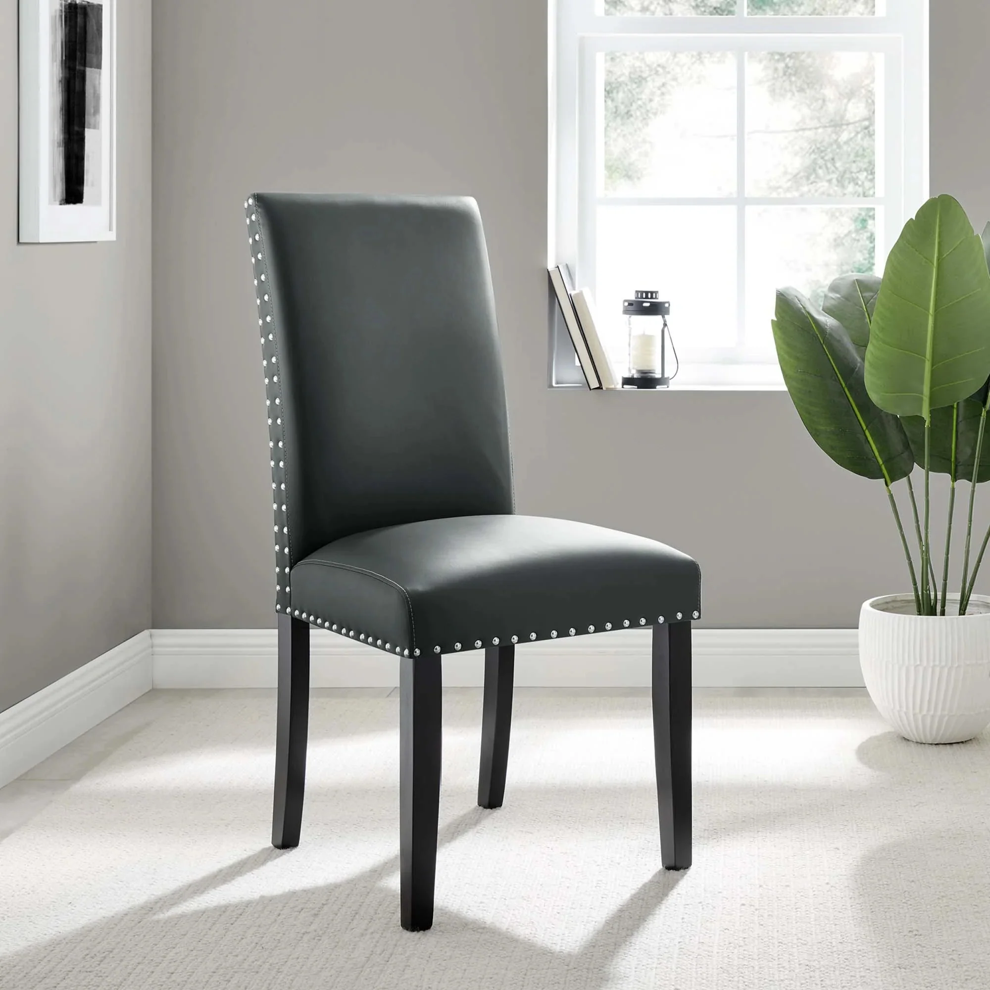 Modern Faux Leather Dining Room Side Chair with Nailhead Trim - Image 10