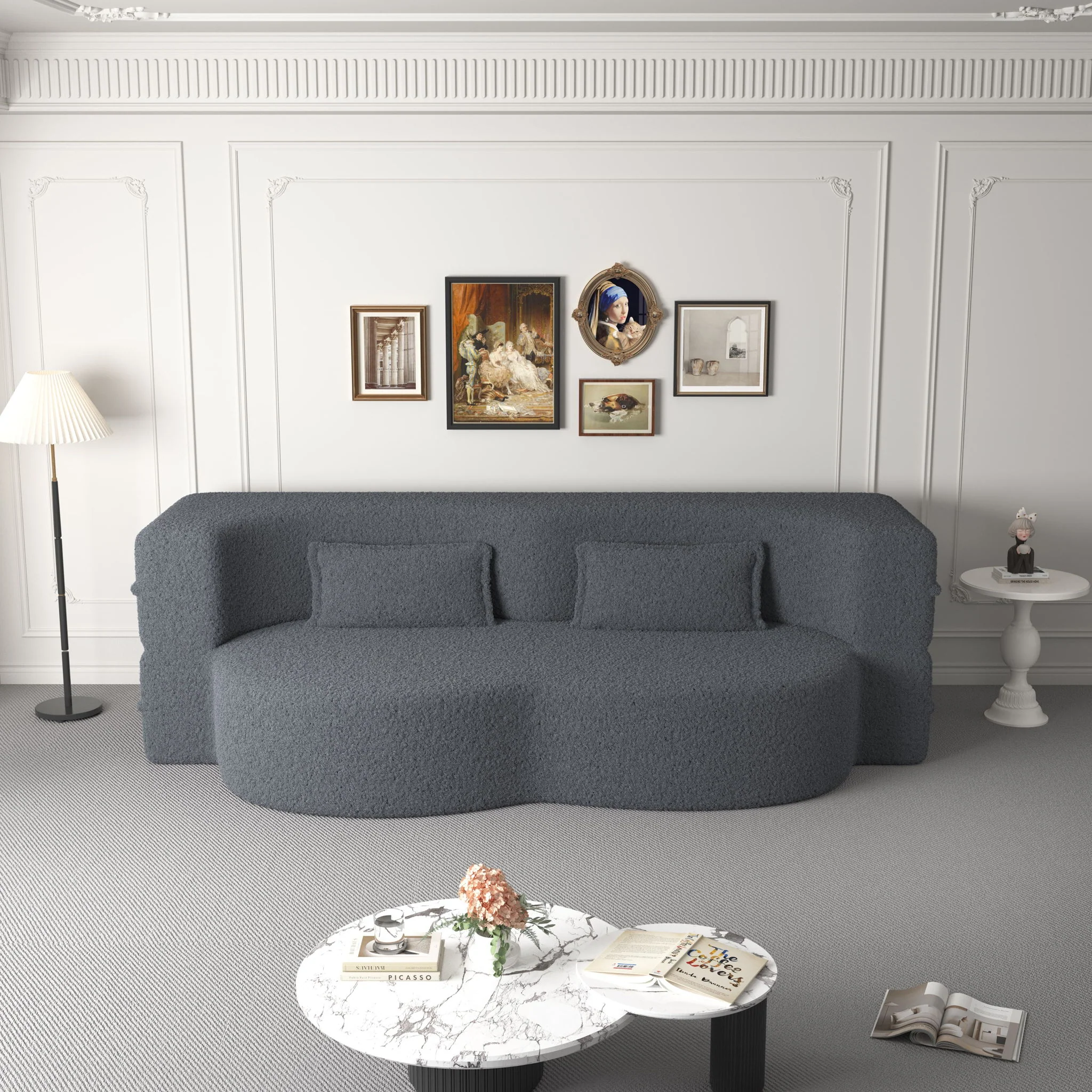 Modern Floor Sofa, With 2 Pillows, Convertible Teddy Fabric Foam Filled Bed - Image 61