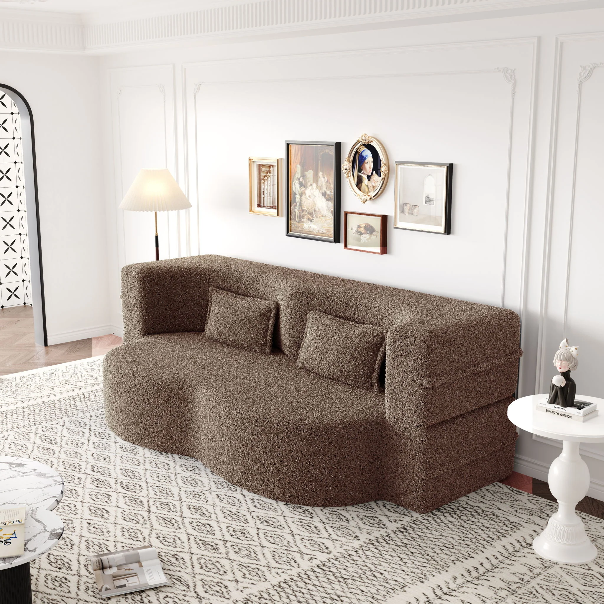 Modern Floor Sofa, With 2 Pillows, Convertible Teddy Fabric Foam Filled Bed - Image 69
