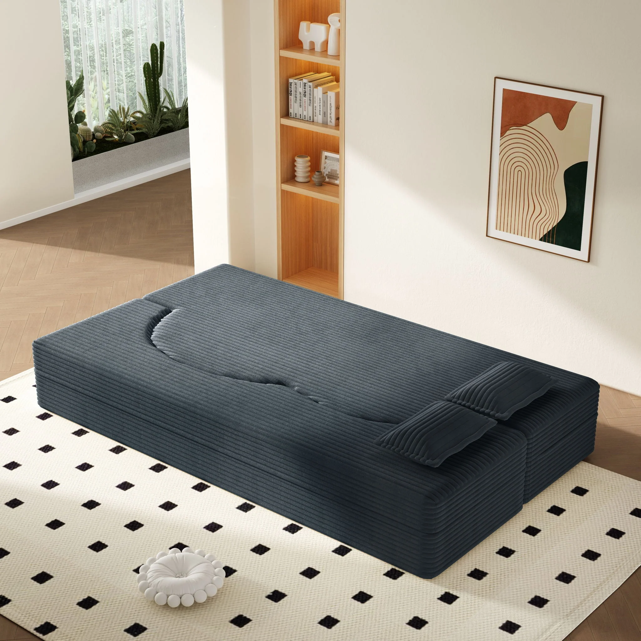 Modern Floor Sofa With 2 Pillows, Convertible Twin Size Folding Mattress For Living Room - Image 38