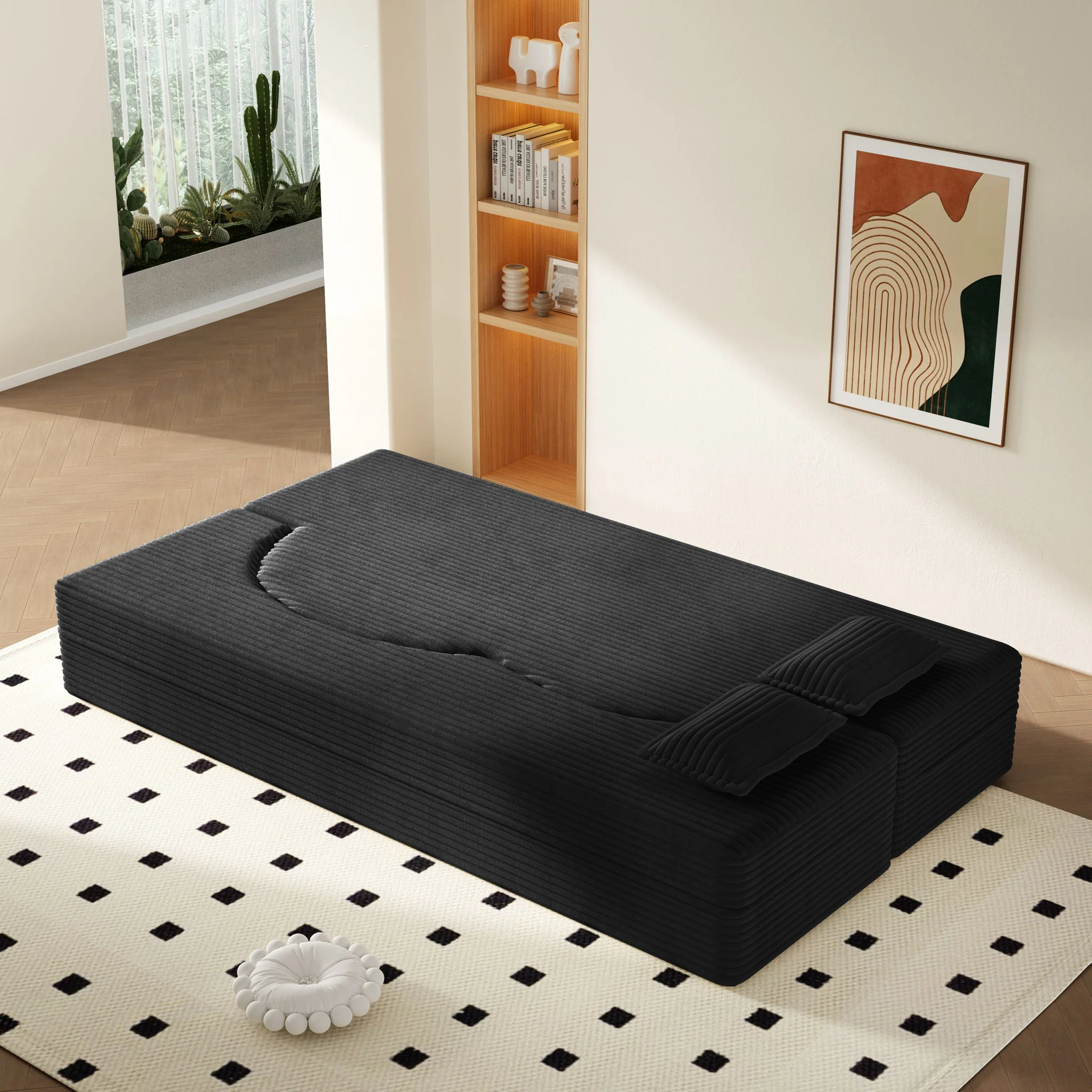Modern Floor Sofa With 2 Pillows, Convertible Twin Size Folding Mattress For Living Room - Image 9
