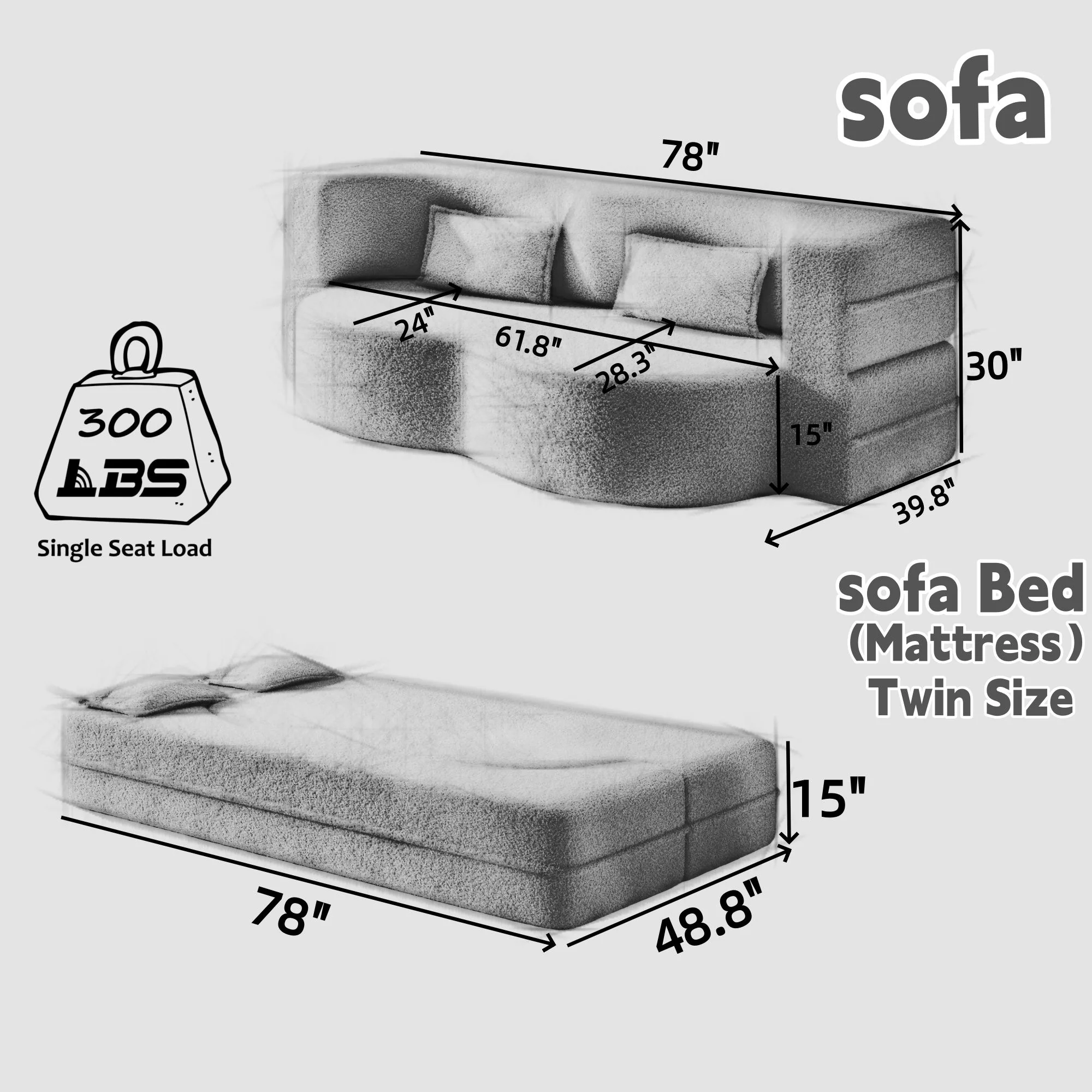 Modern Floor Sofa With 2 Pillows, Twin Size For Living Room - Image 6