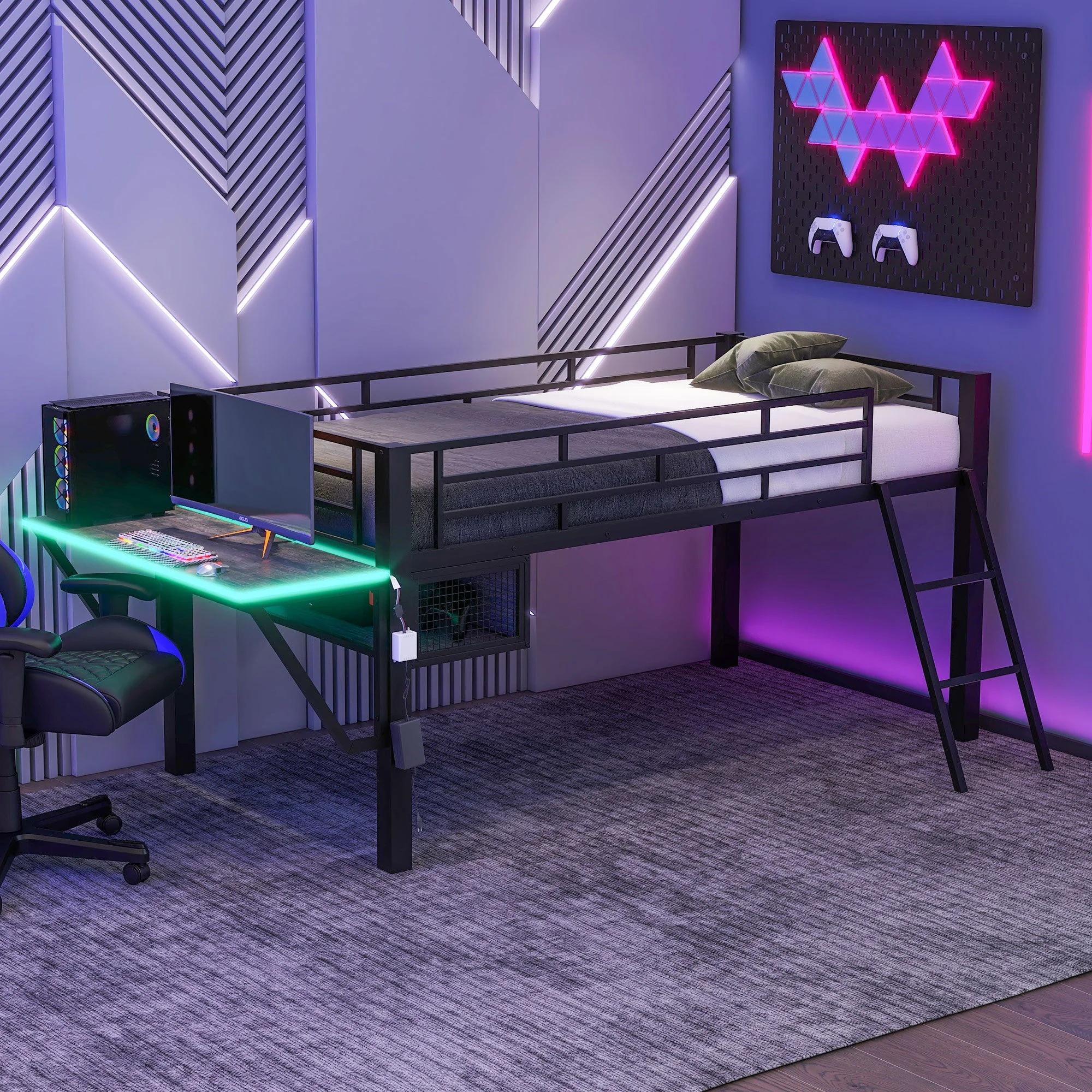 Modern Gaming Mid Loft Bed With Desk And LED Lights - Image 7
