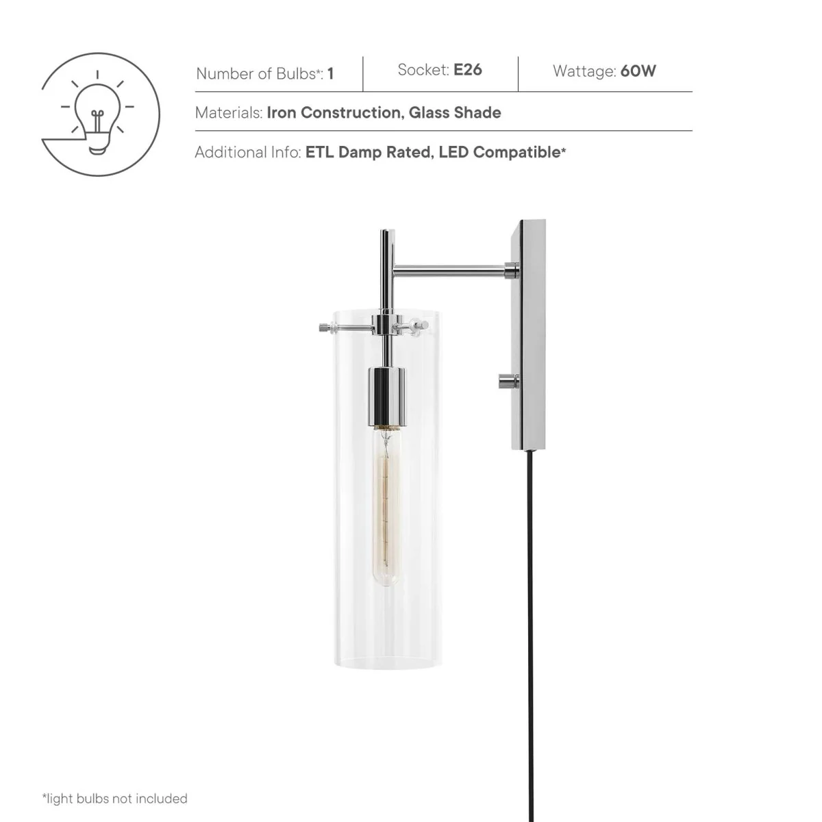 1-Light Modern Glass Cylinder Wall Sconce – Clear Polished Nickel - Image 3