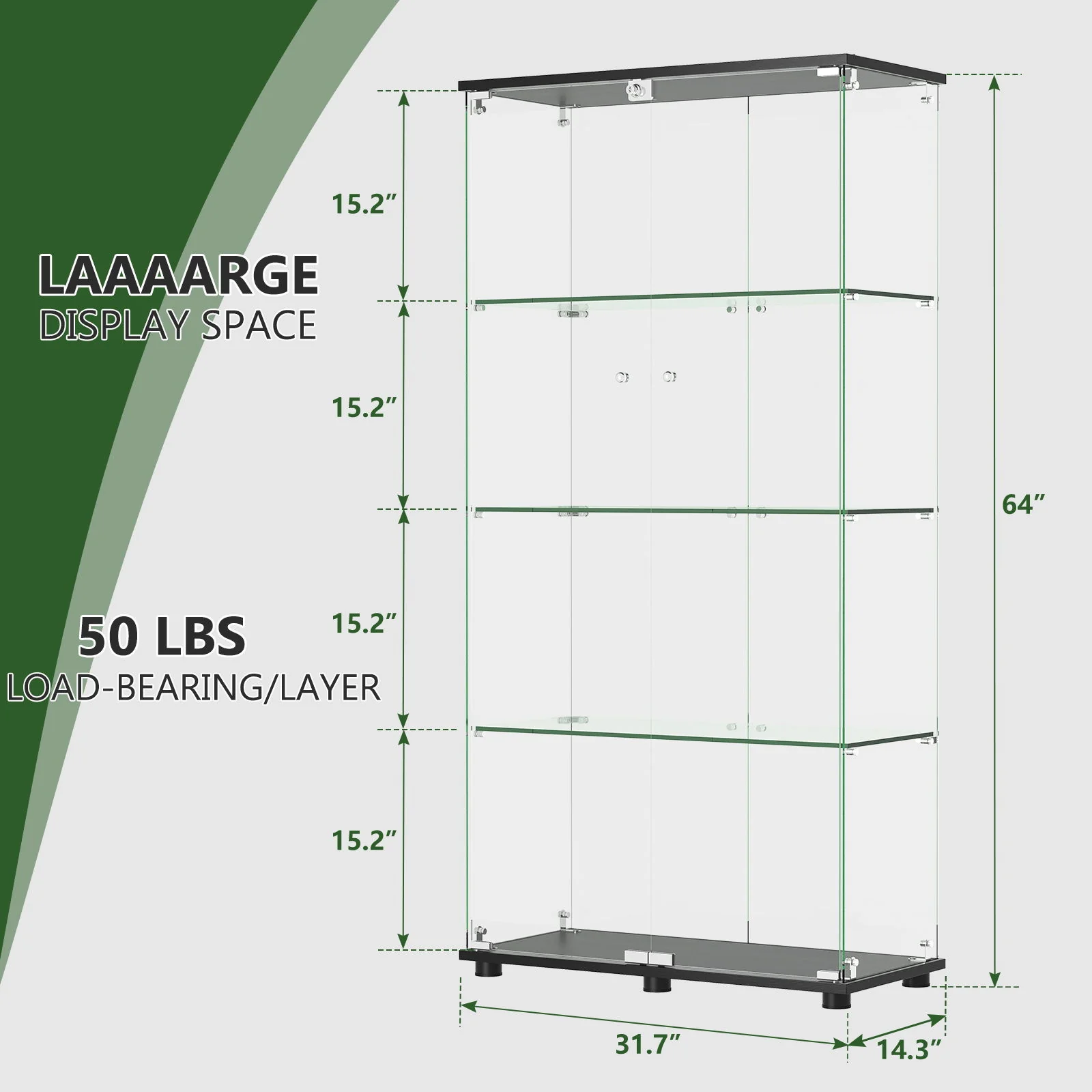 Modern Glass Display Cabinet With 4 Shelf Double Doors And Lock, Tempered Glass Bookshelf For Living Room - Black - Image 4