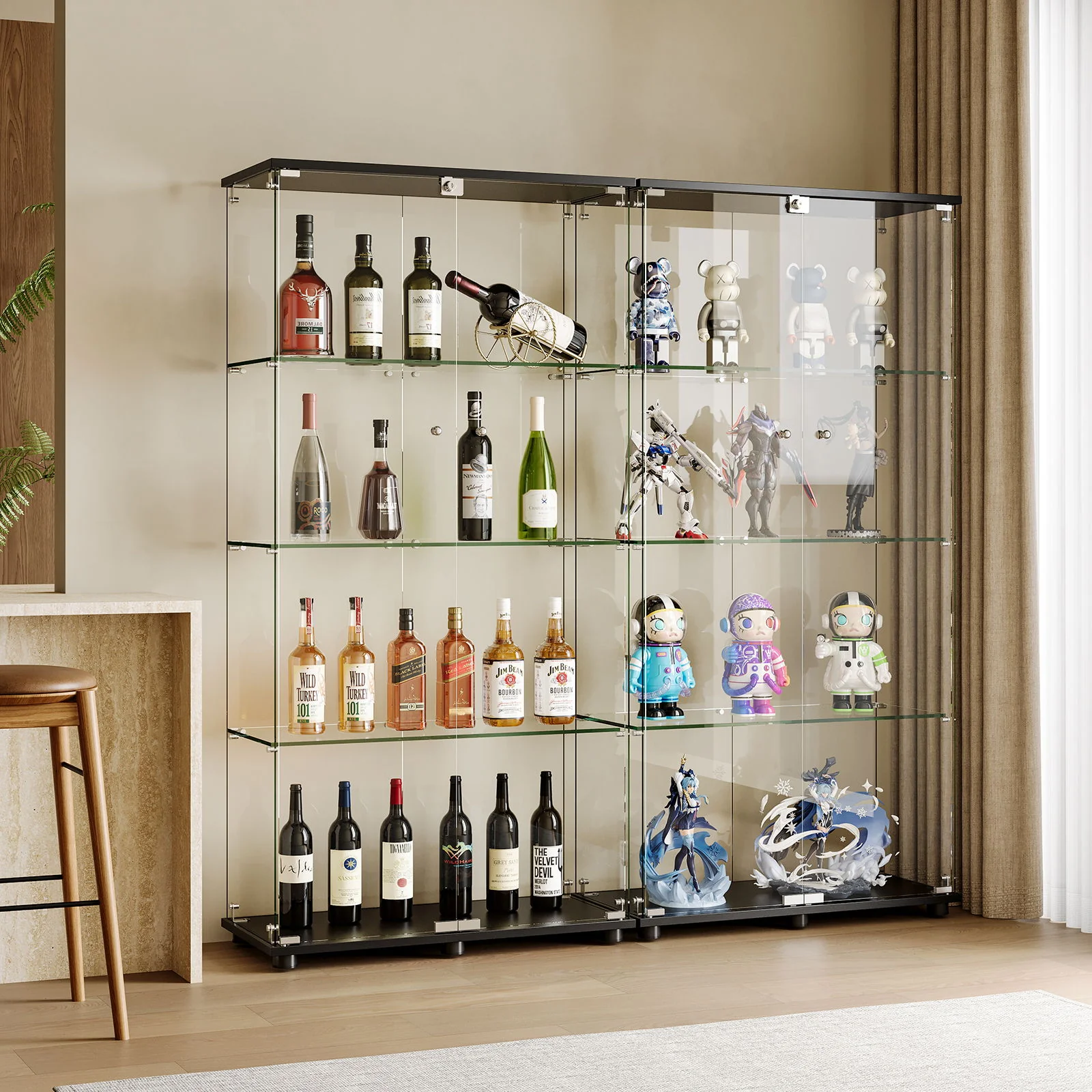 Modern Glass Display Cabinet With 4 Shelf Double Doors And Lock, Tempered Glass Bookshelf For Living Room - Black - Image 6
