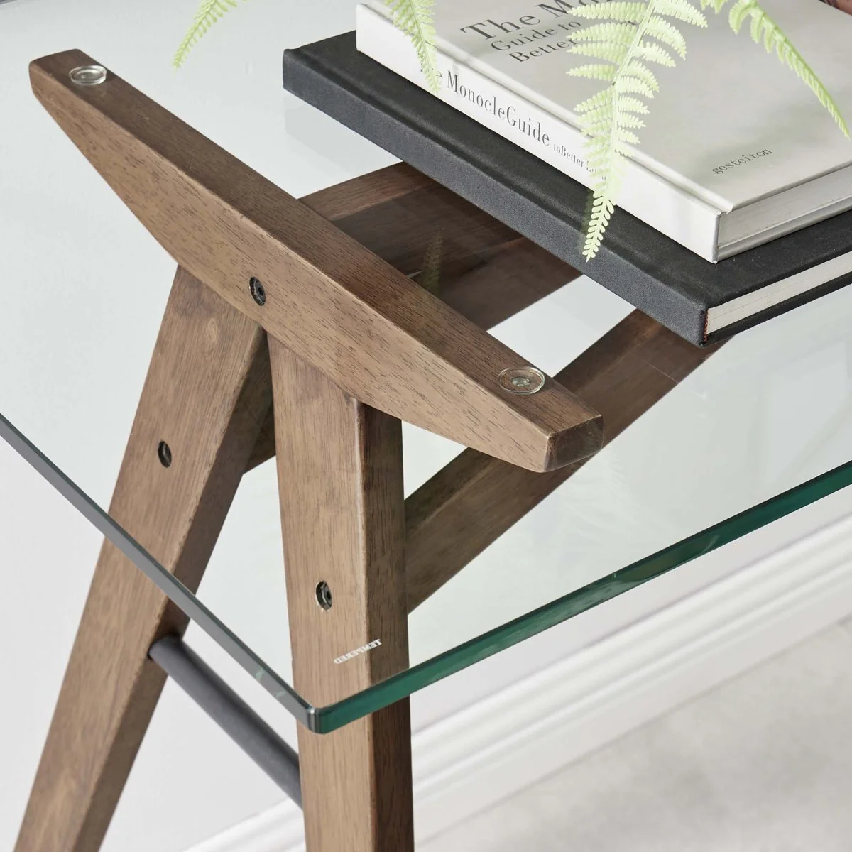 56" Walnut Modern Glass Top Office Desk - Image 3