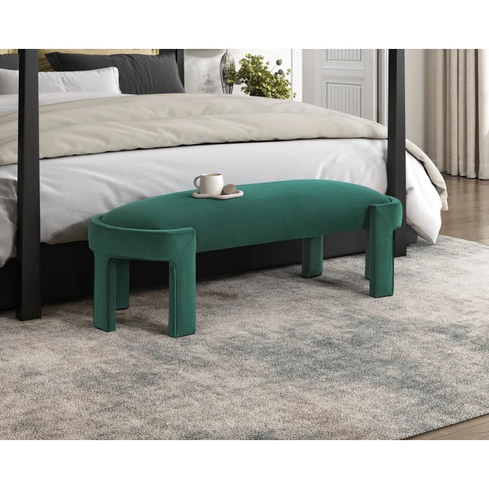 Modern Green Velvet Upholstered Bench with Cushioned Seat - Image 5