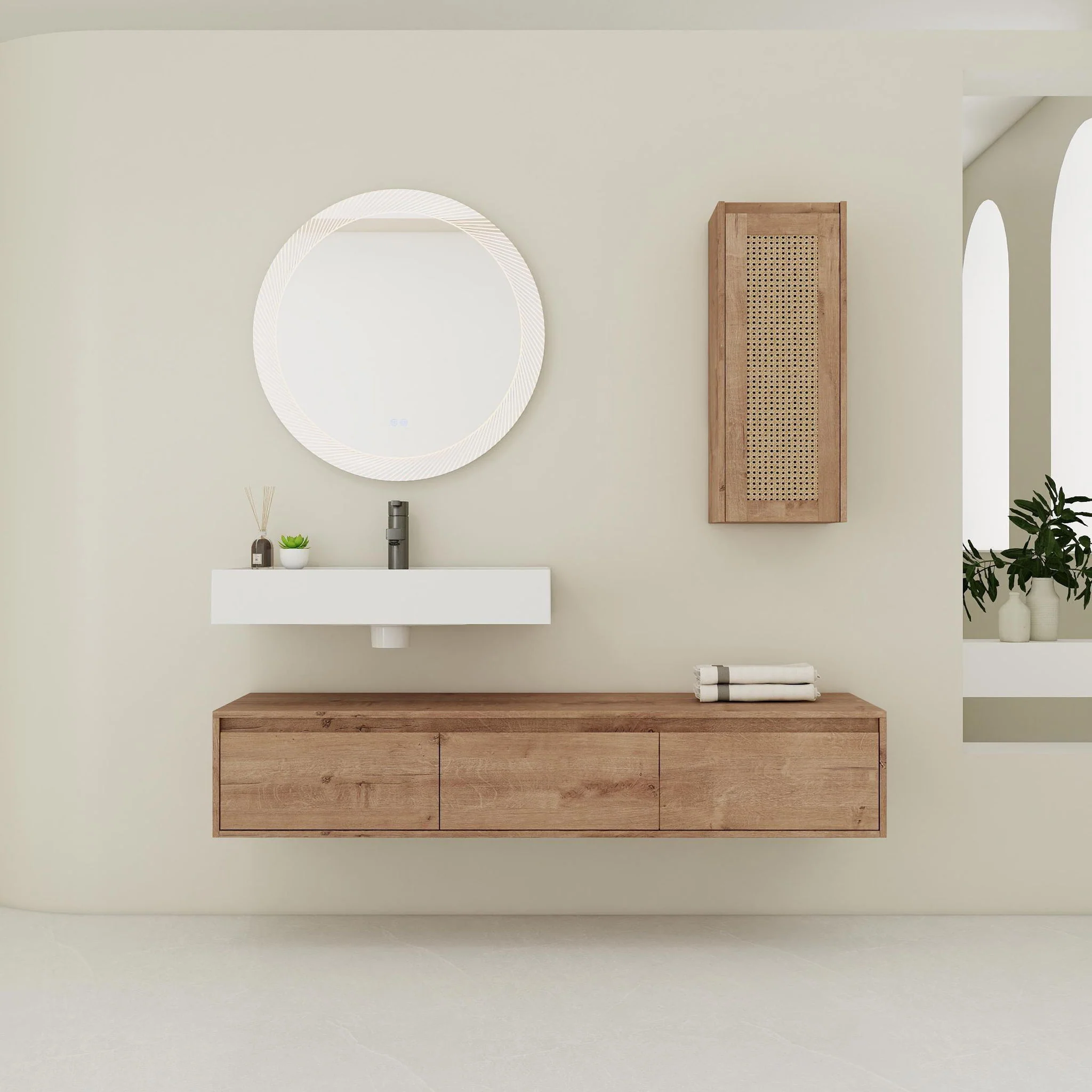 Modern Imitative Wall Mounted Bathroom Vanity With Resin Sink And Side Cabinet - Image 17