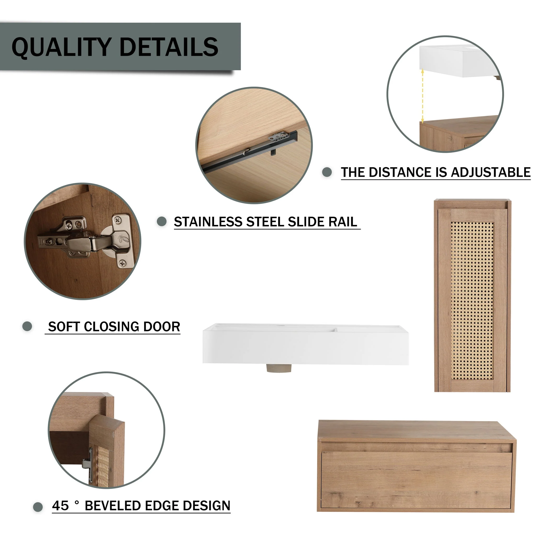 Modern Imitative Wall Mounted Bathroom Vanity With Resin Sink And Side Cabinet - Image 6