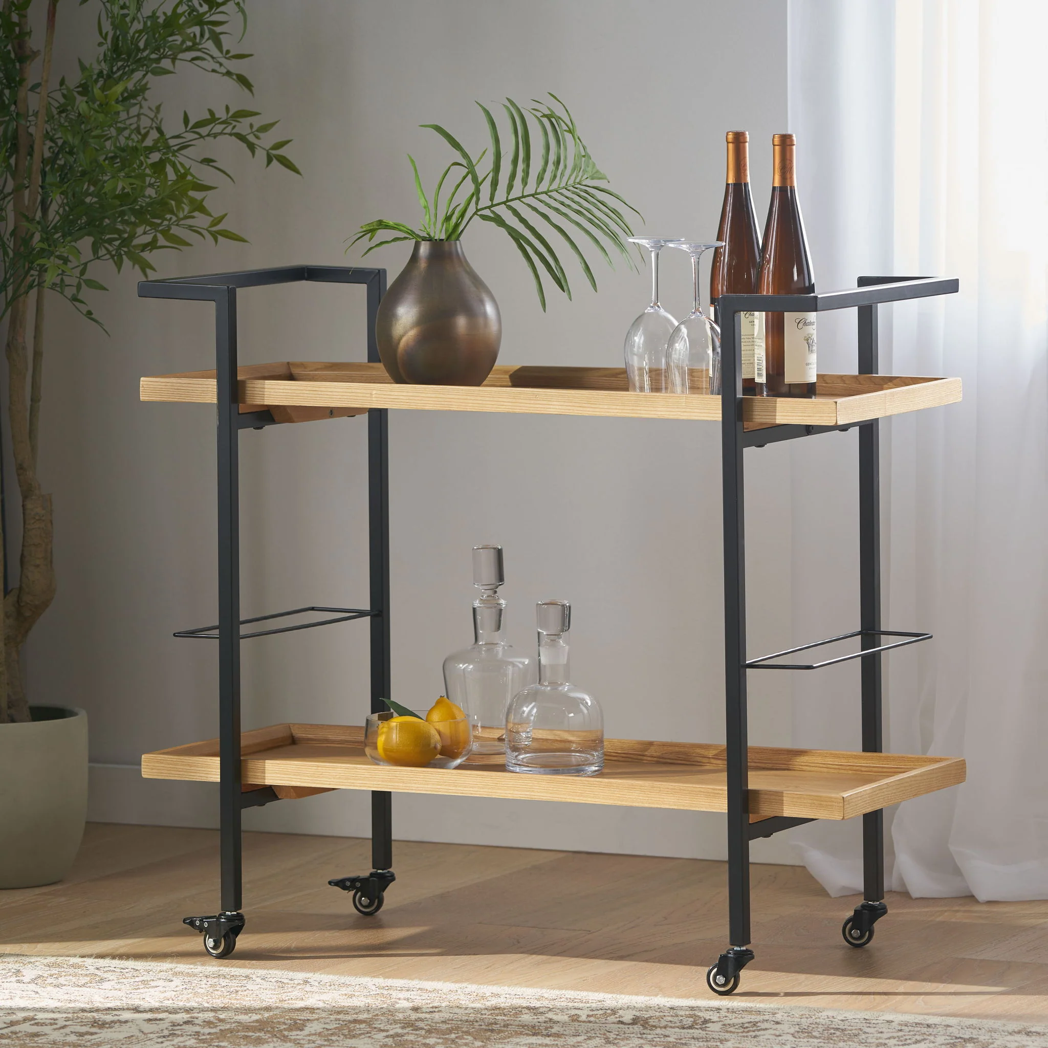 Modern Industrial Bar Cart With Shelving And Casters - Image 6