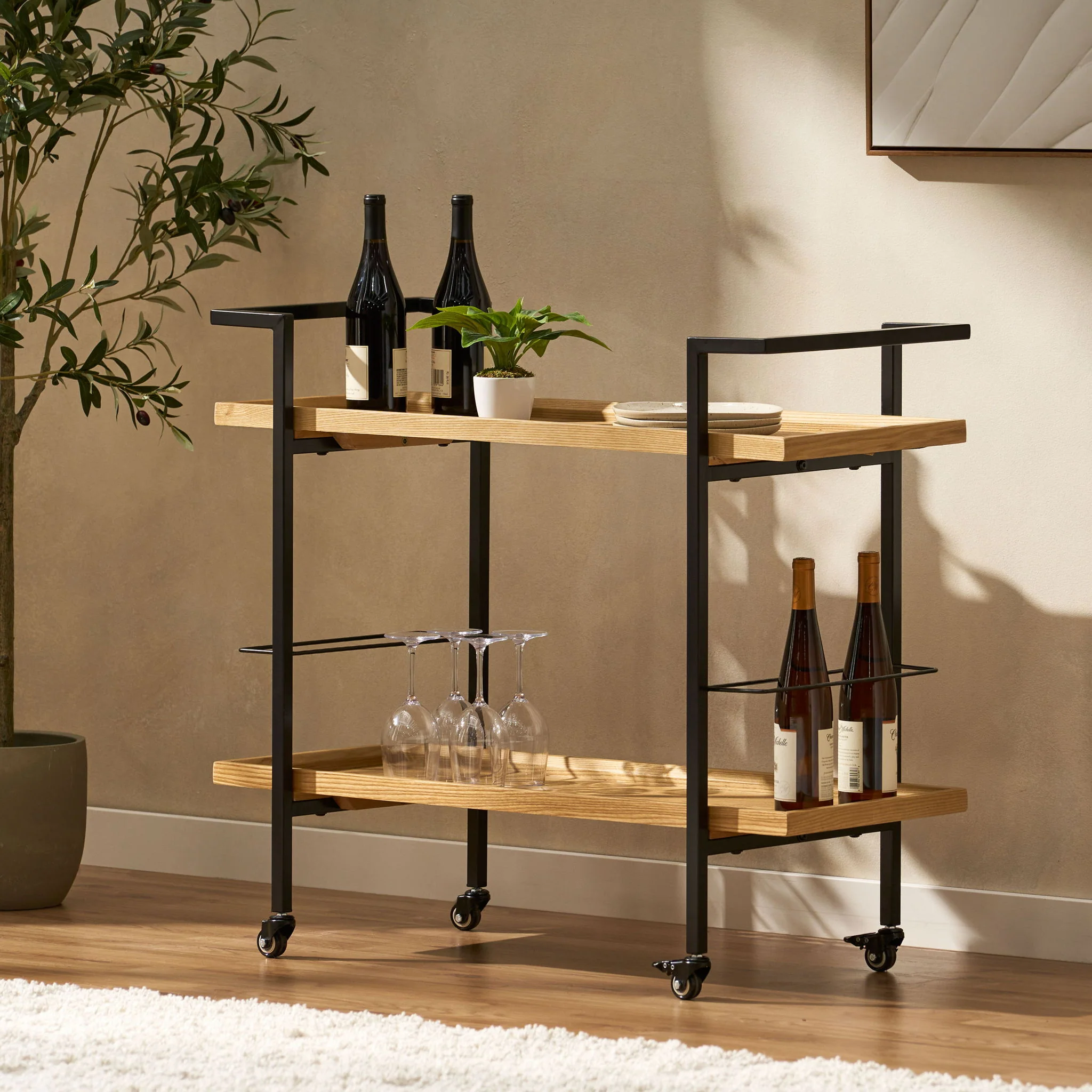 Modern Industrial Bar Cart With Shelving And Casters - Image 8
