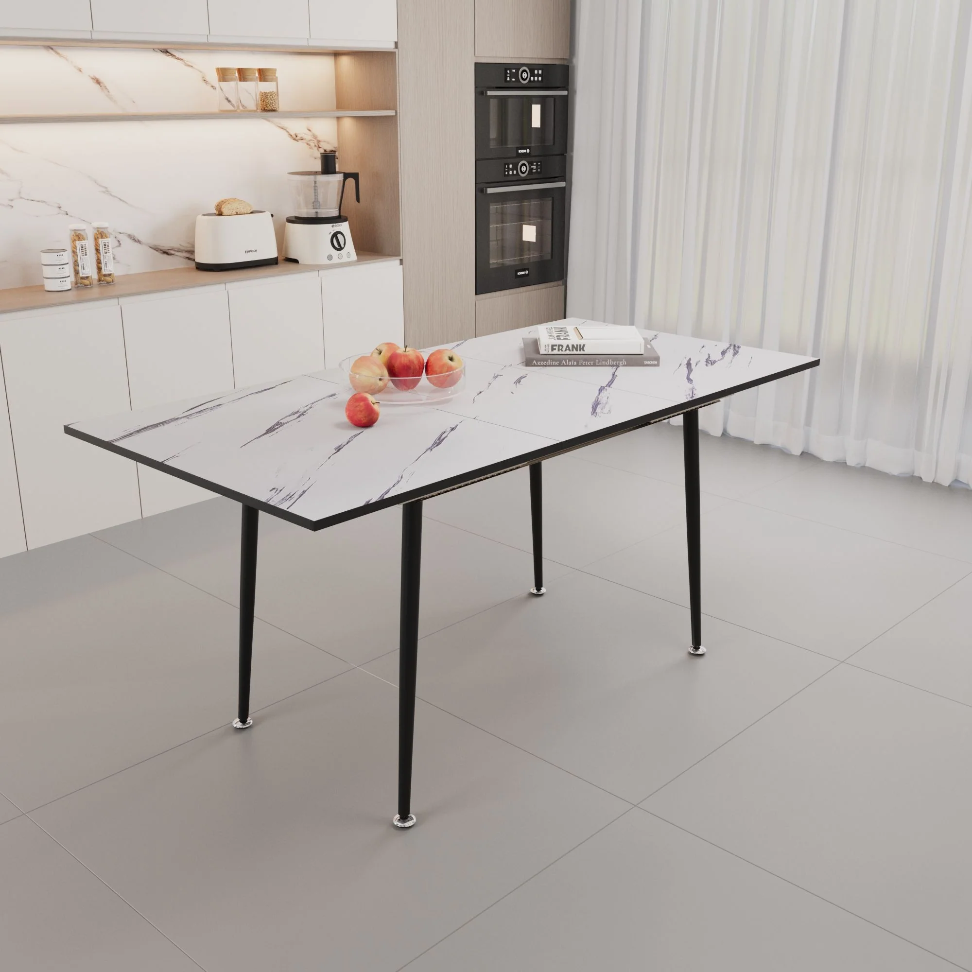 Modern Industrial Expandable Dining Table 47" To With Marble Pattern Top And Metal Legs - White - Image 2