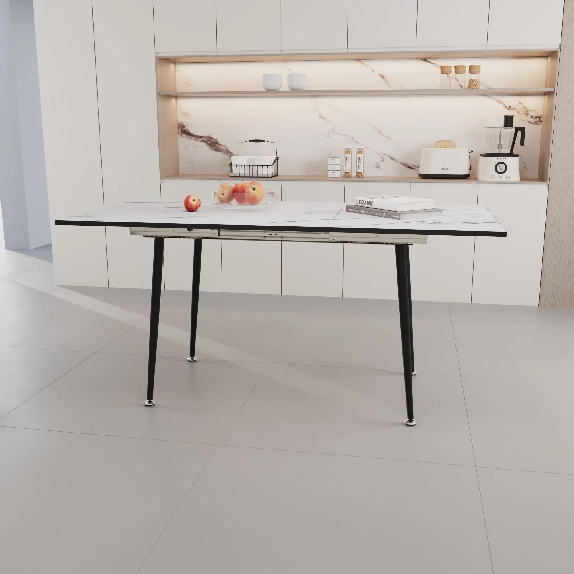 Modern Industrial Expandable Dining Table 47" To With Marble Pattern Top And Metal Legs - White - Image 4