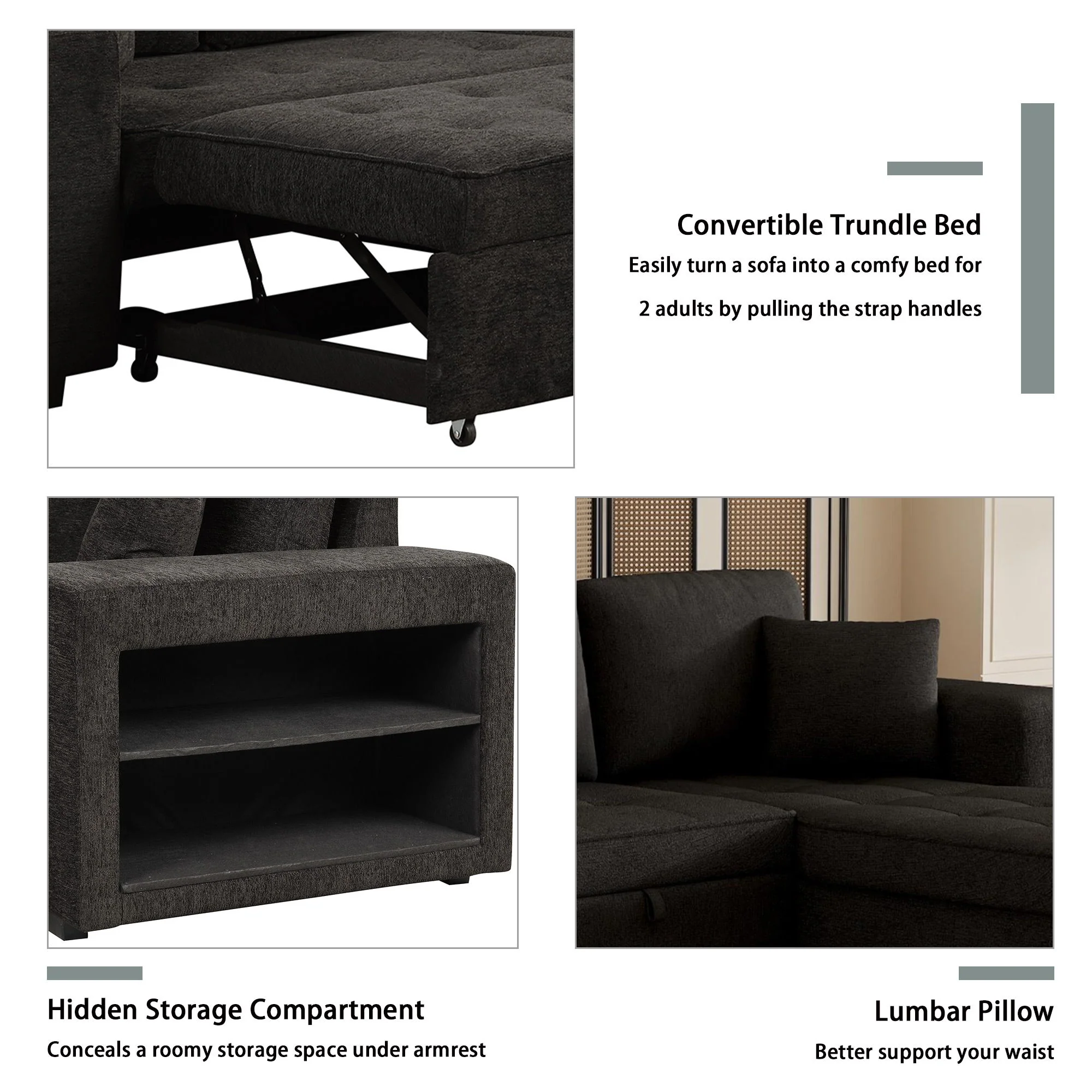 Modern L-Shape 3 Seat Reversible Sectional Couch, Pull Out Sleeper Sofa With Storage Chaise And 2 Stools For Living Room Furniture Set - Image 22