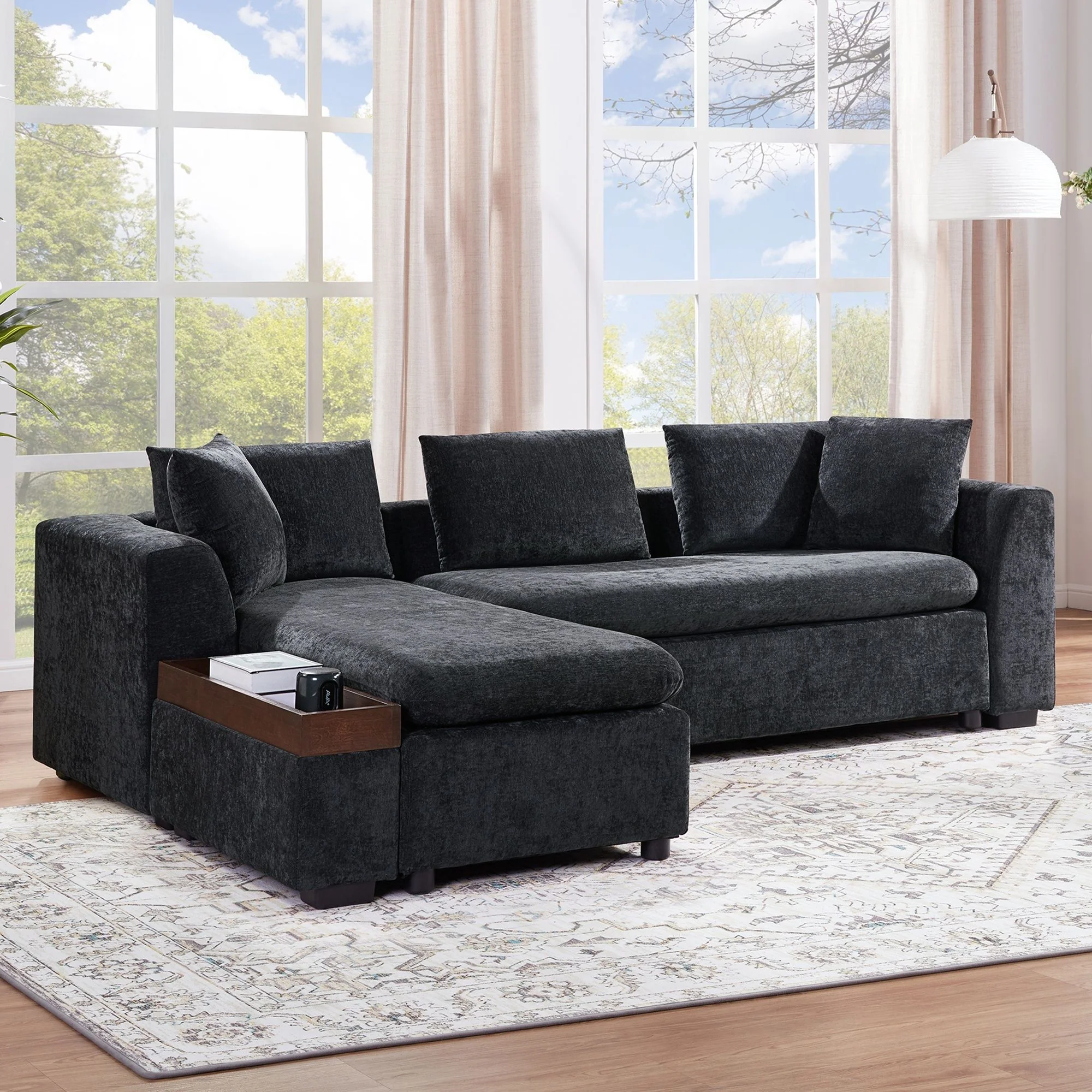 Modern L Shaped Sectional Sofa With Upholstery And Wooden Storage - Image 10