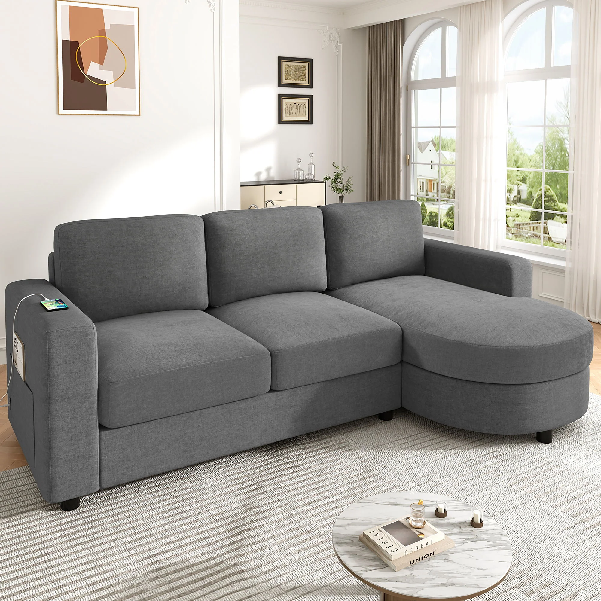 Modern L-Shaped Sectional Sofa With Curved Chaise, USB Ports, And Side Storage Pockets - Image 24