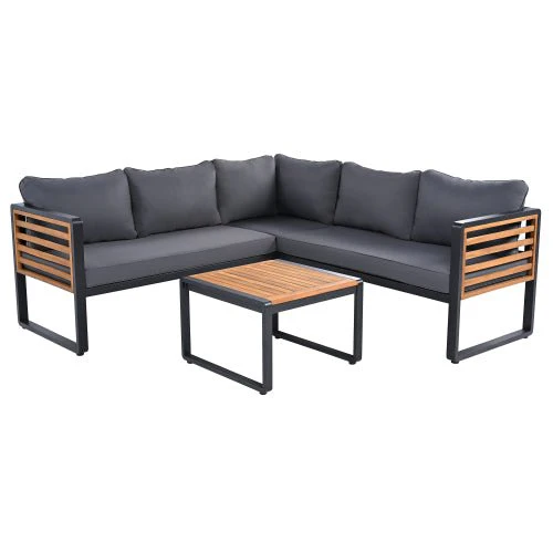 Modern L-Shaped Wood And Metal Patio Set