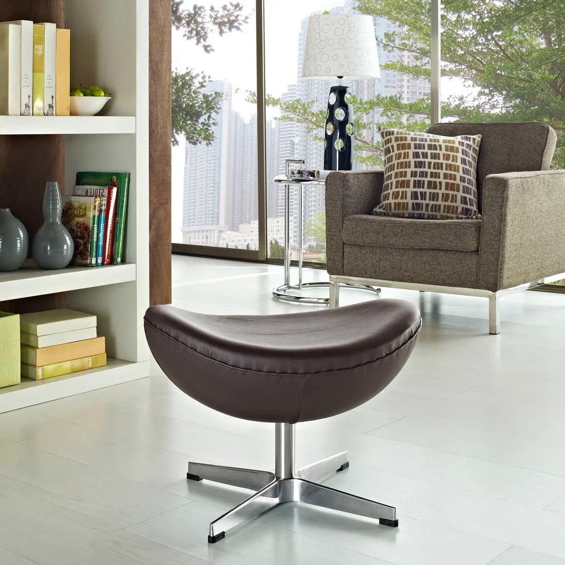 Modern Leather Ottoman with Aluminum Base – Sculptural 22 Inch - Image 4