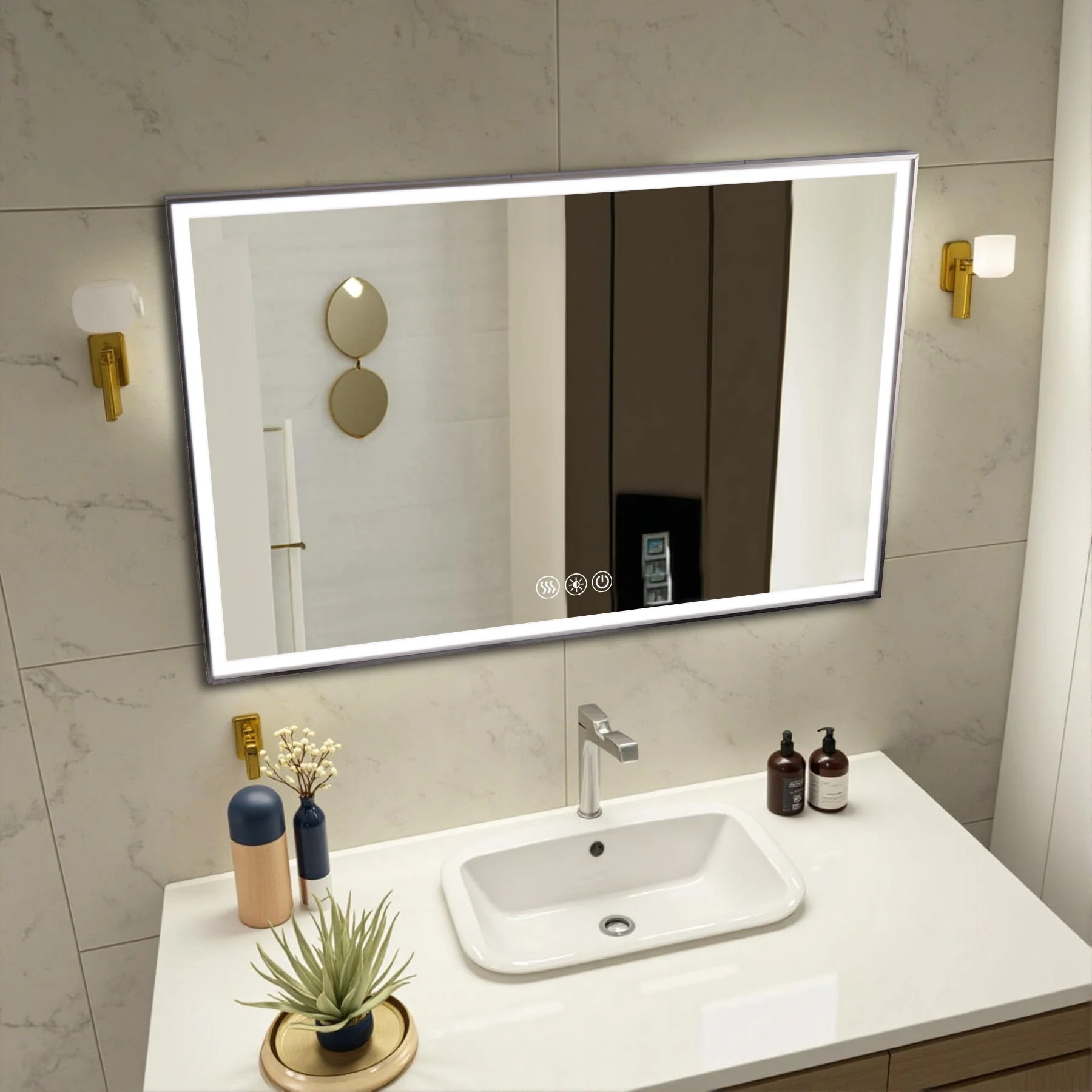 Modern LED Bathroom Vanity Mirror With Aluminum Frame, 45° Beveled Lights, Anti Fog - Silver - Image 3