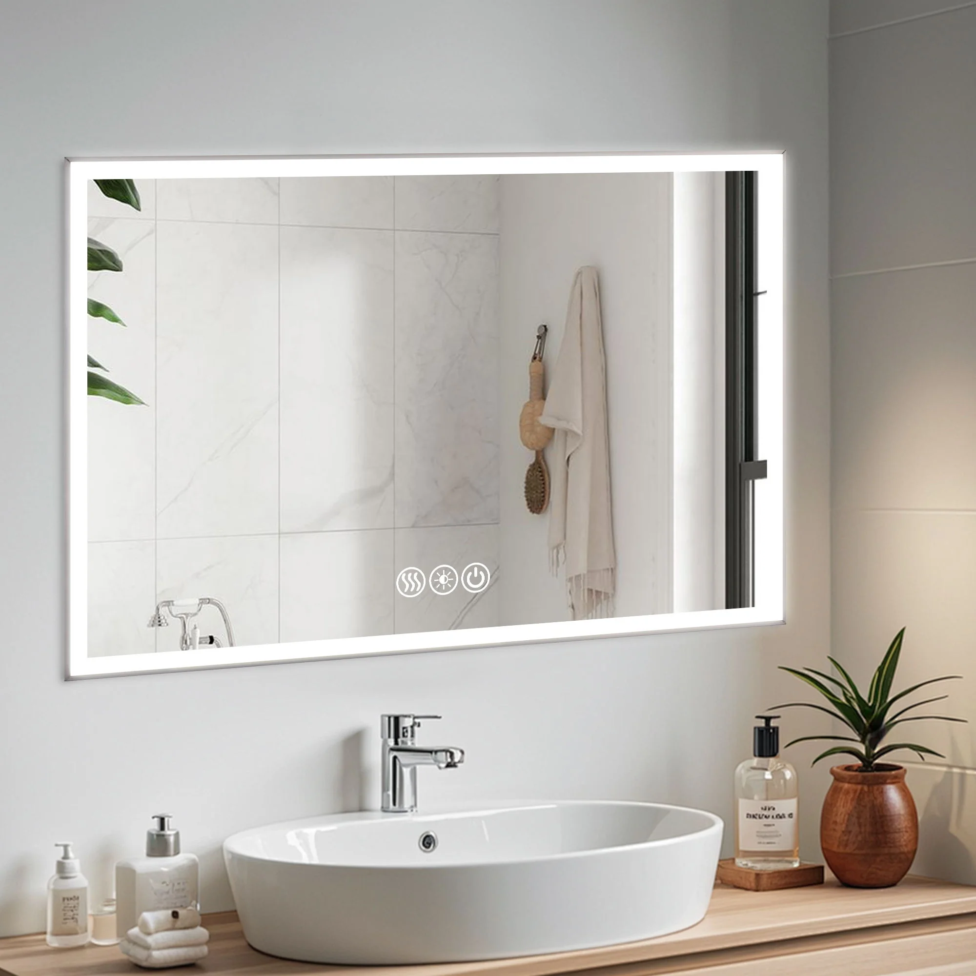 Modern LED Bathroom Vanity Mirror With Aluminum Frame, 45° Beveled Lights, Anti Fog - Silver - Image 5