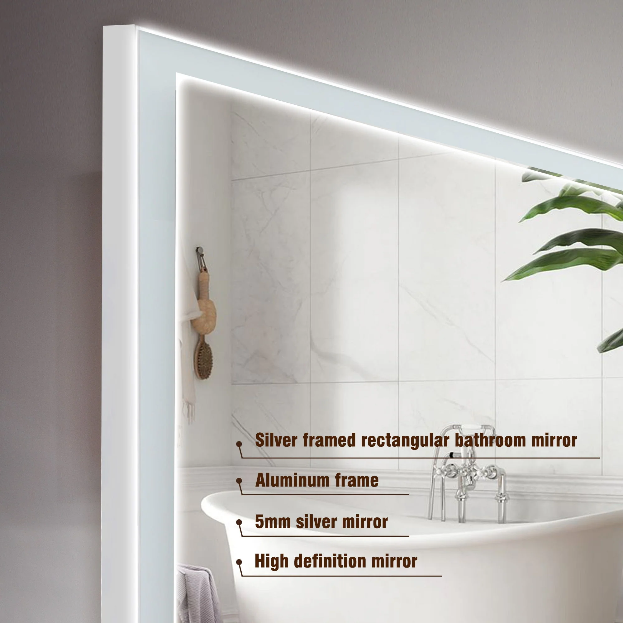 Modern LED Bathroom Vanity Mirror With Aluminum Frame, 45° Beveled Lights, Anti Fog - Silver - Image 7