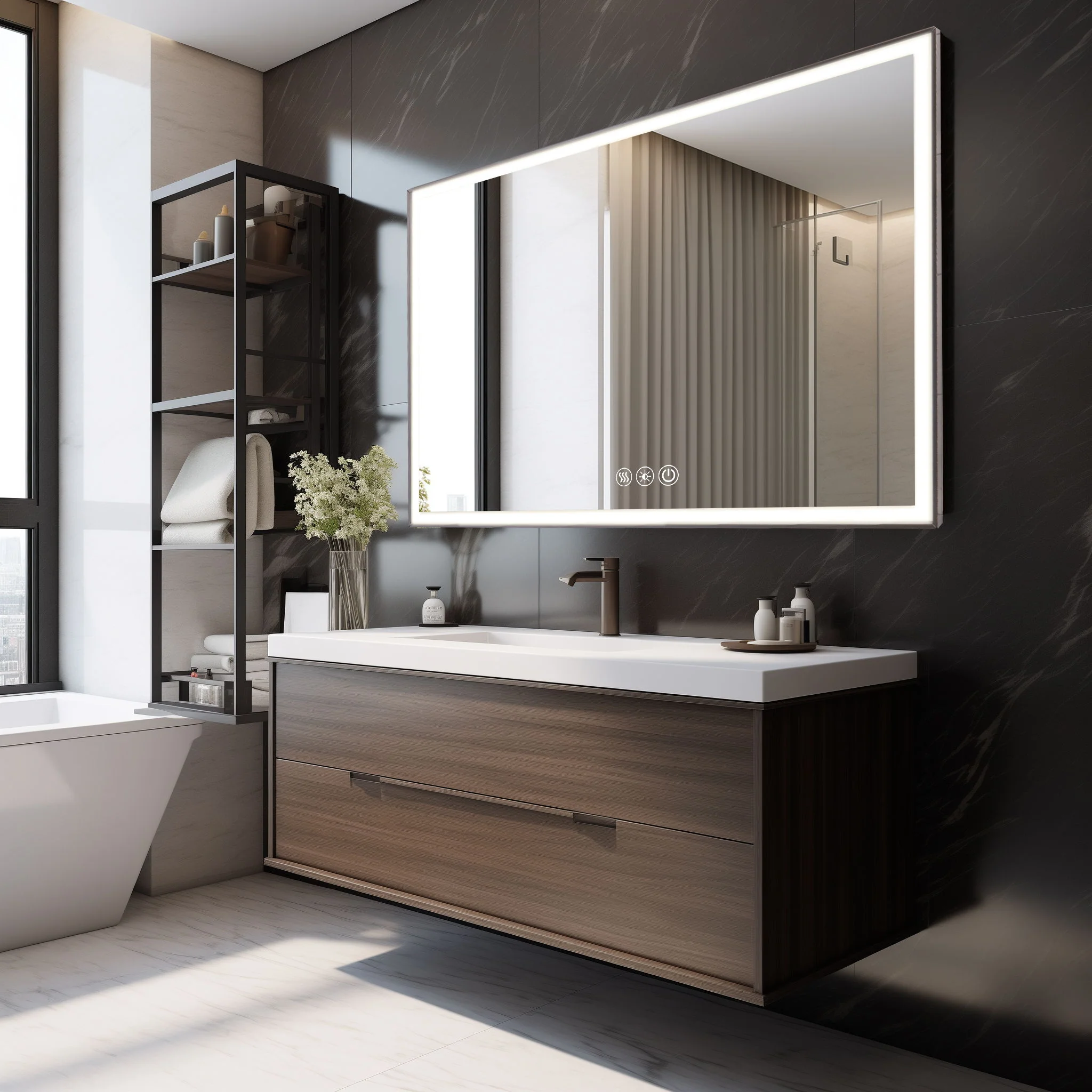 Modern LED Bathroom Vanity Mirror With Aluminum Frame, 45° Beveled Lights, Anti Fog - Silver - Image 8