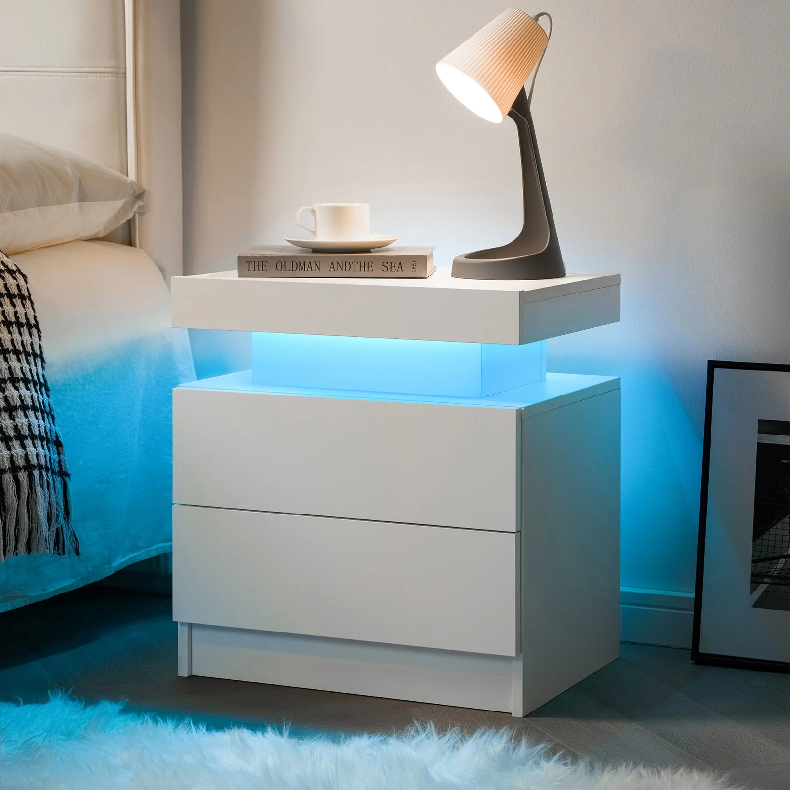 Modern LED Bedside Table Cabinet With Adjustable Lights And 2 Drawers - White - Image 2