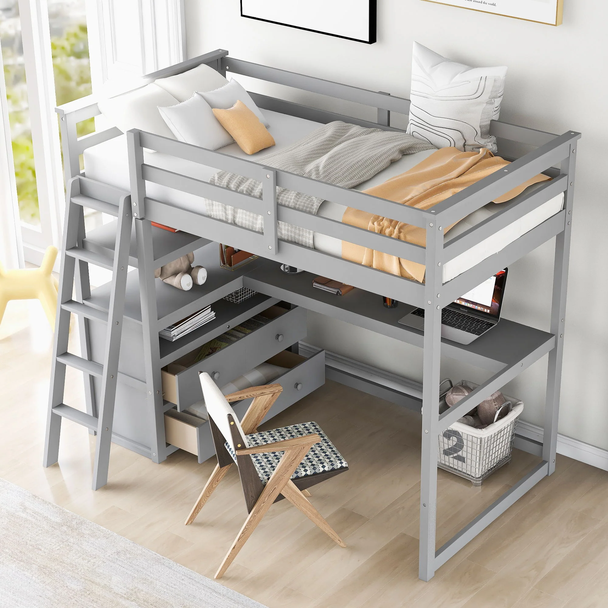 Modern Loft Bed With Built In Desk, Shelves, And 2 Drawers - Image 18