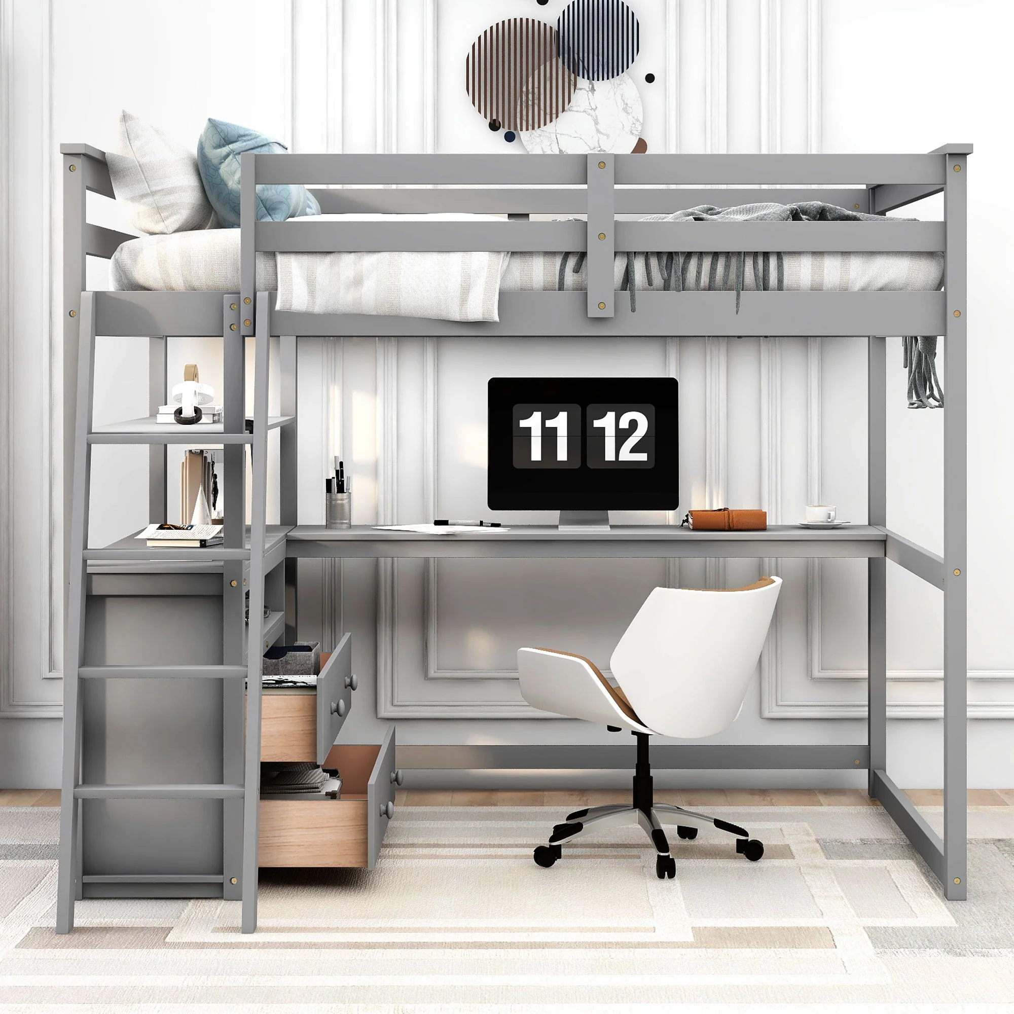 Modern Loft Bed With Built In Desk, Shelves, And 2 Drawers - Image 19