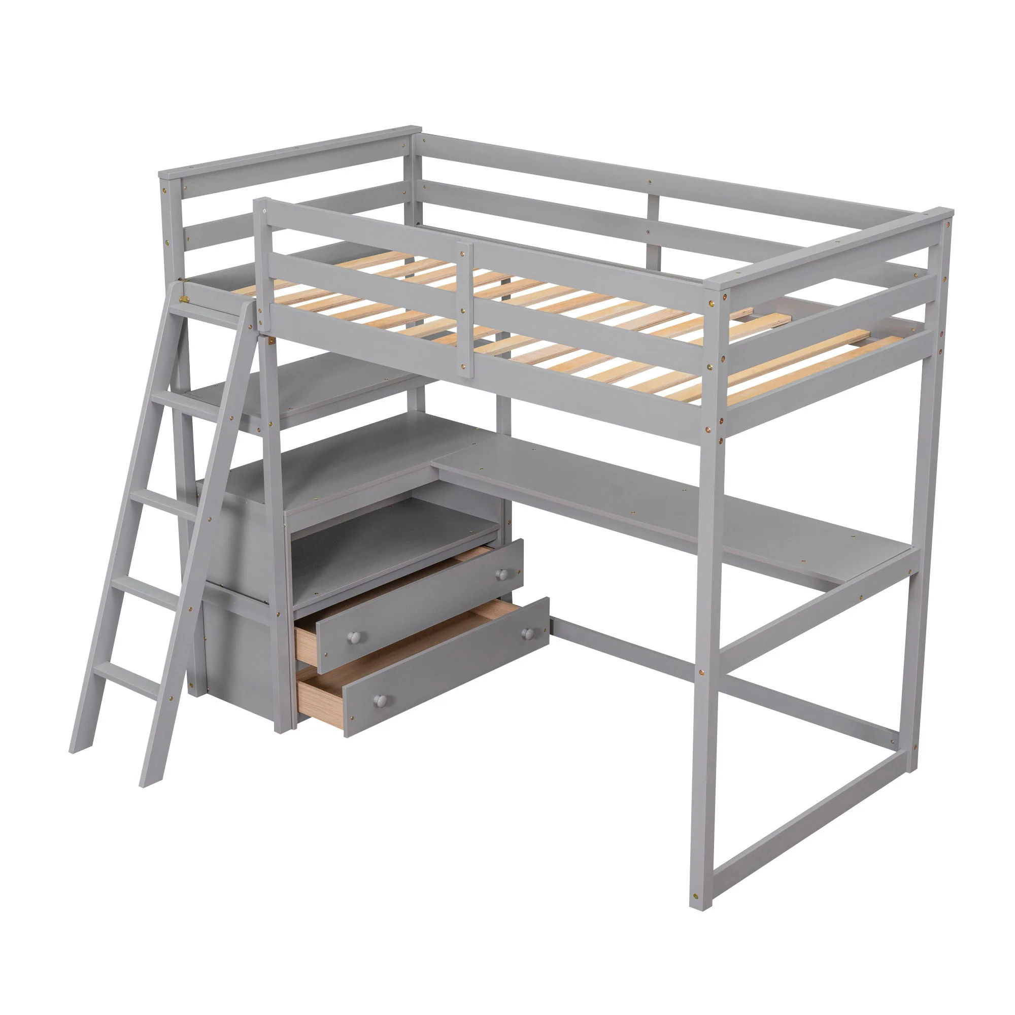 Modern Loft Bed With Built In Desk, Shelves, And 2 Drawers - Image 4