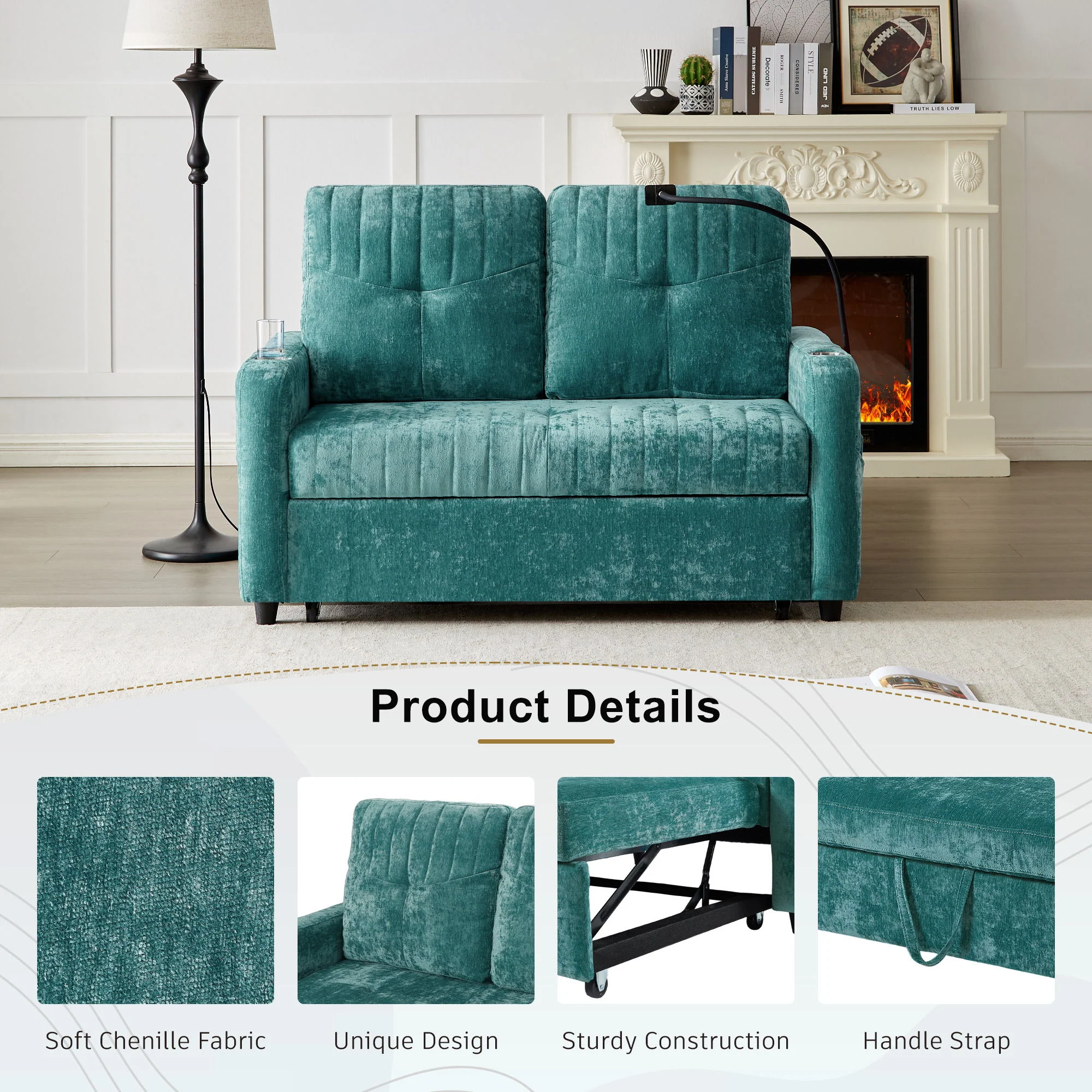 Modern Loveseat Pull Out Sofa Bed With Adjustable Backrest, Two Cup Holders, A Phone Holder, Three Charging Ports And Side Storage Pockets For Living Room - Image 10