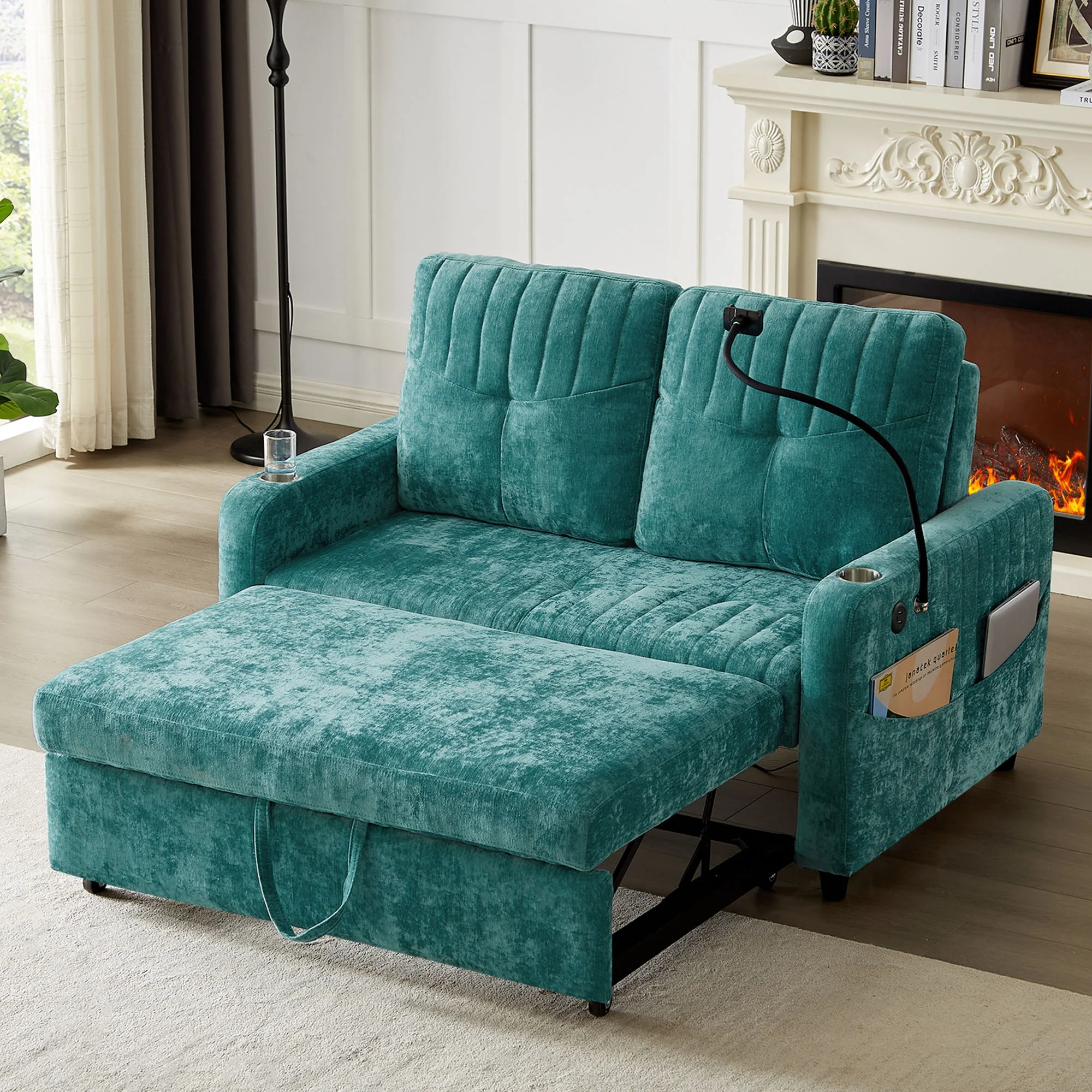Modern Loveseat Pull Out Sofa Bed With Adjustable Backrest, Two Cup Holders, A Phone Holder, Three Charging Ports And Side Storage Pockets For Living Room - Image 24