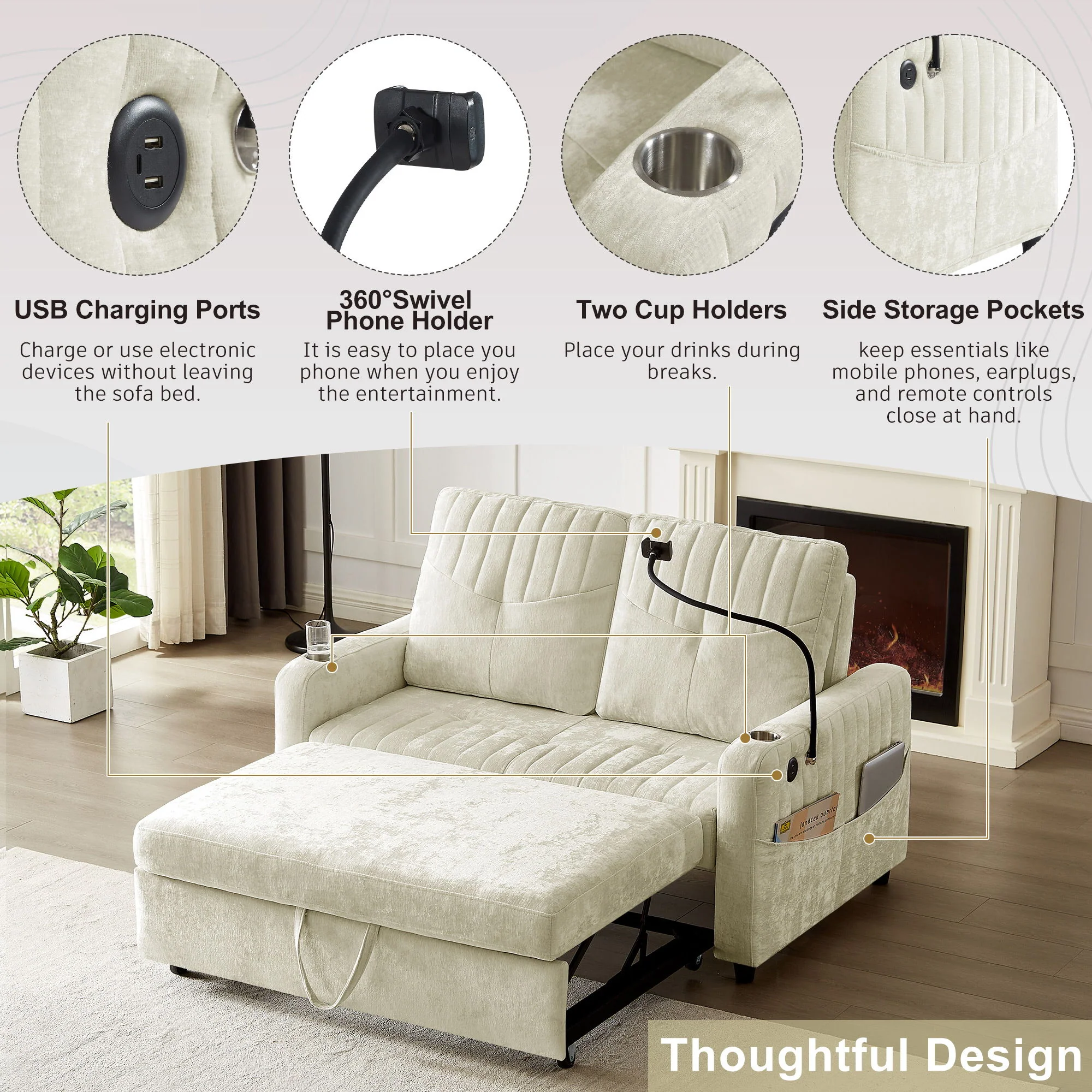 Modern Loveseat Pull Out Sofa Bed With Adjustable Backrest, Two Cup Holders, A Phone Holder, Three Charging Ports And Side Storage Pockets For Living Room - Image 9