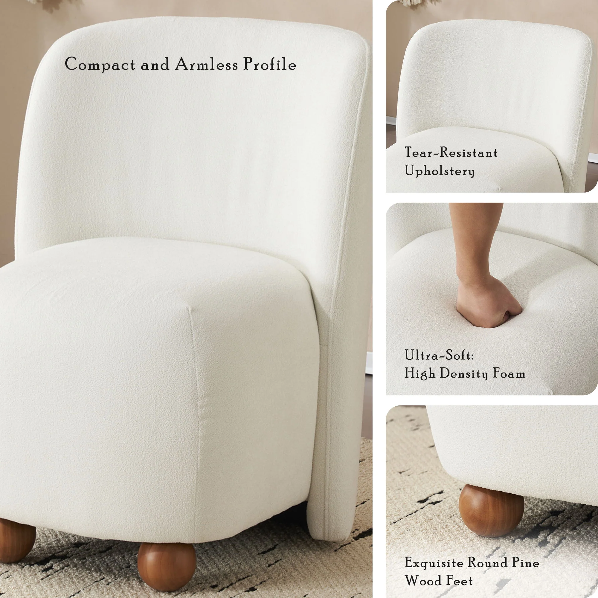 Modern Low Back Accent Upholstered Armless Living Room Chairs, Round Feet - Image 3