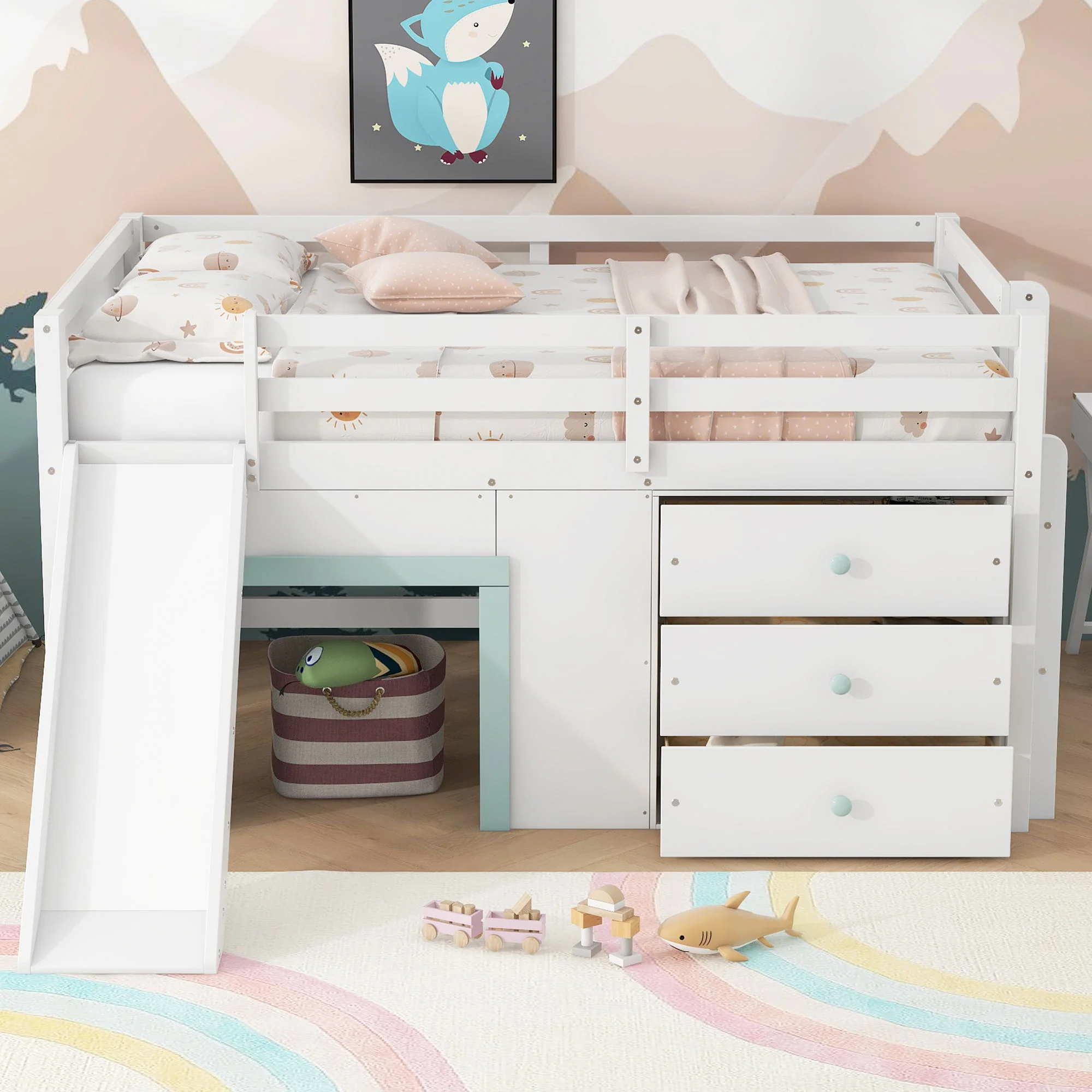 Modern Low Loft Bed With Slide, 3 Storage Drawers, And 2 Doors - Image 6