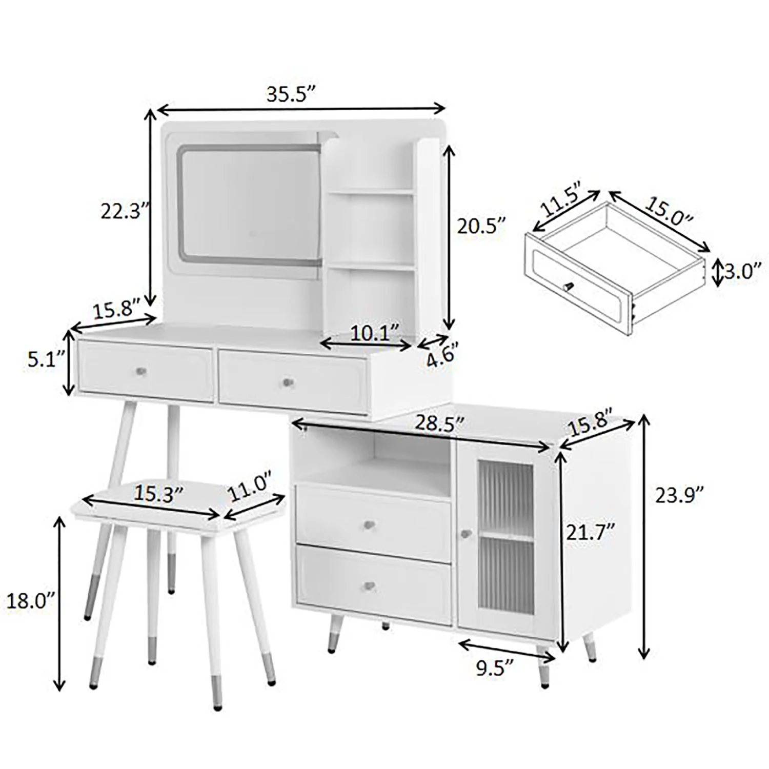 Modern Makeup Vanity Desk With Mirror And Lights Retractable Design Engineered Wood - Black - Image 3