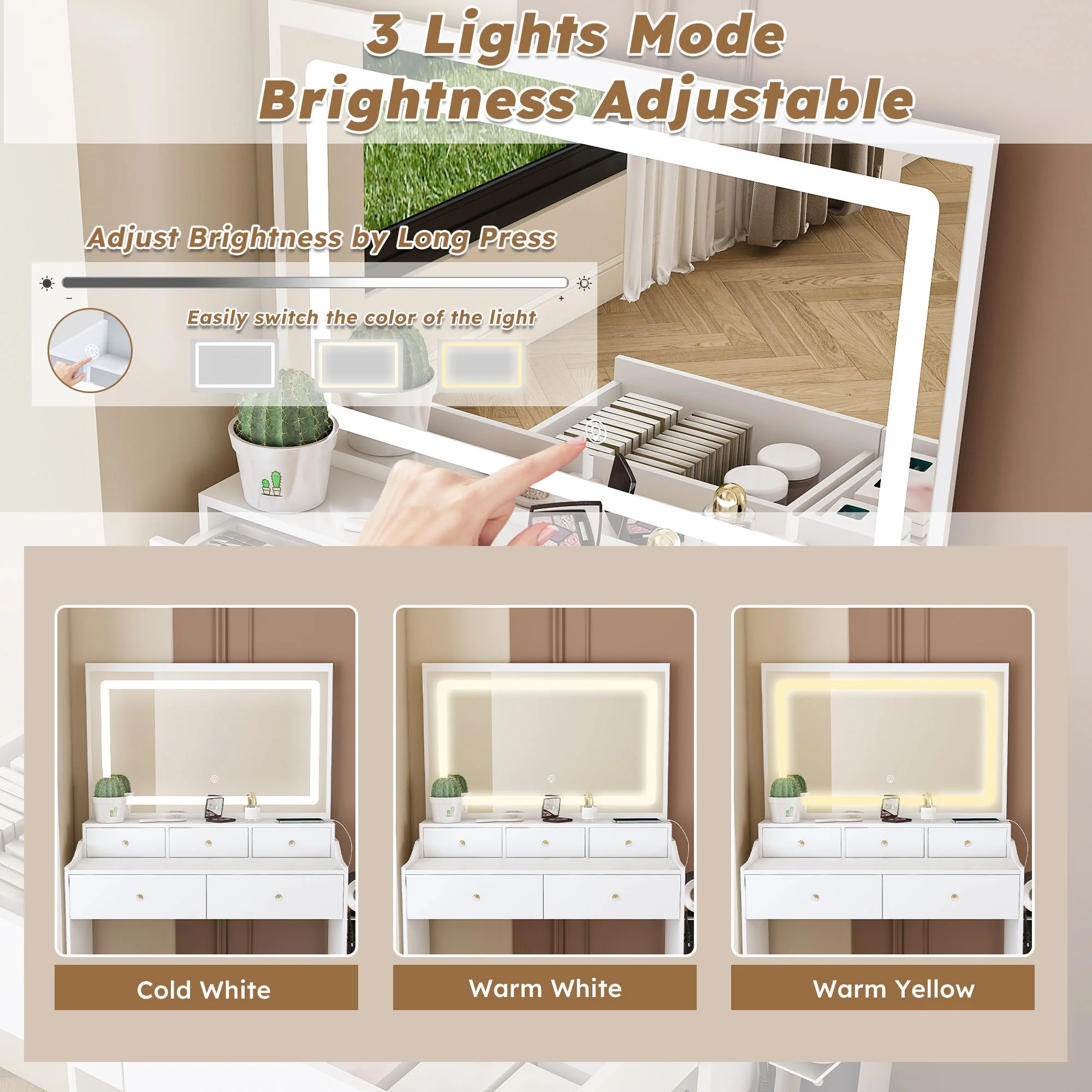 Modern Makeup Vanity Set With Power Outlet, Hair Dryer Holder, And Adjustable Lighting - Image 11