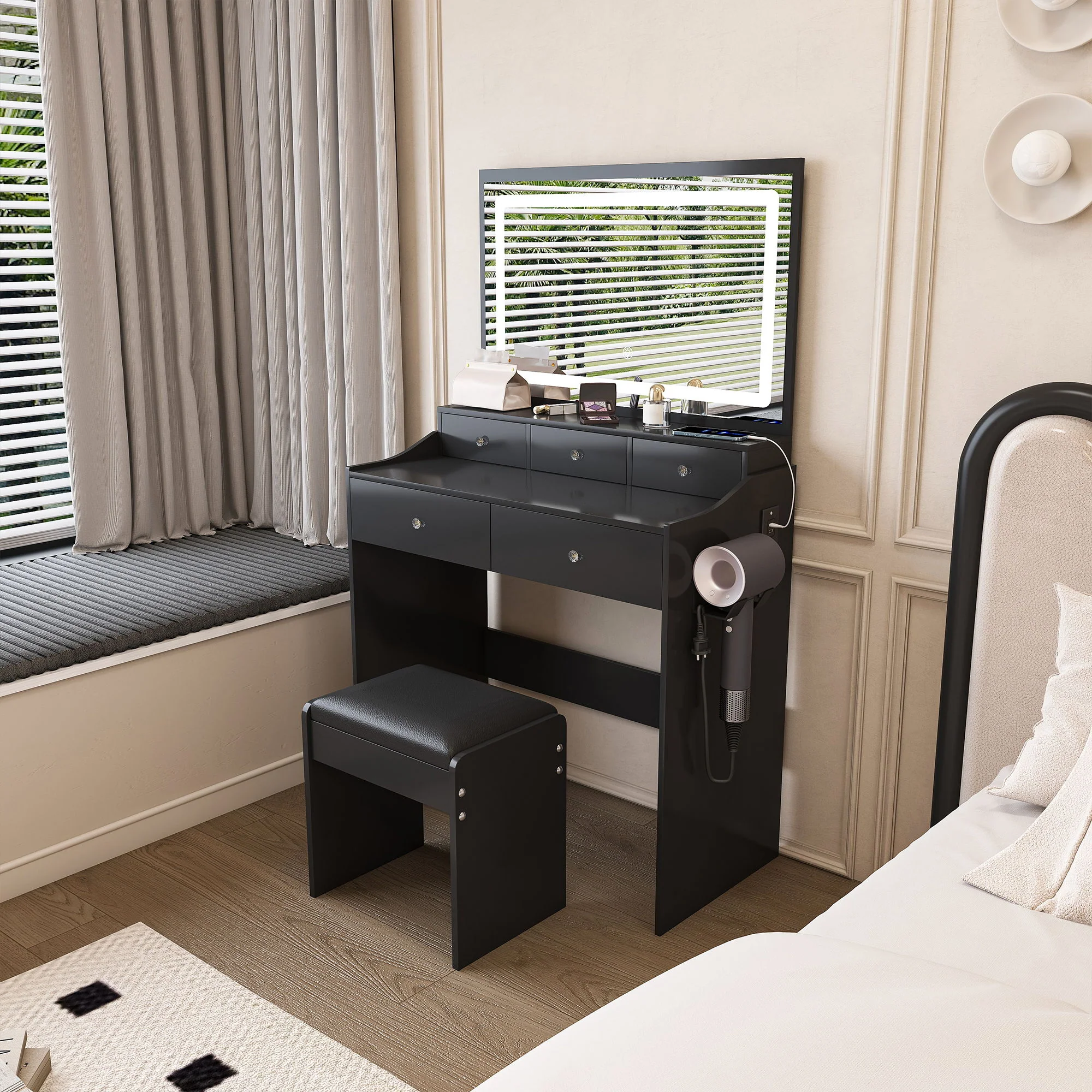 Modern Makeup Vanity Set With Power Outlet, Hair Dryer Holder, And Adjustable Lighting - Image 12