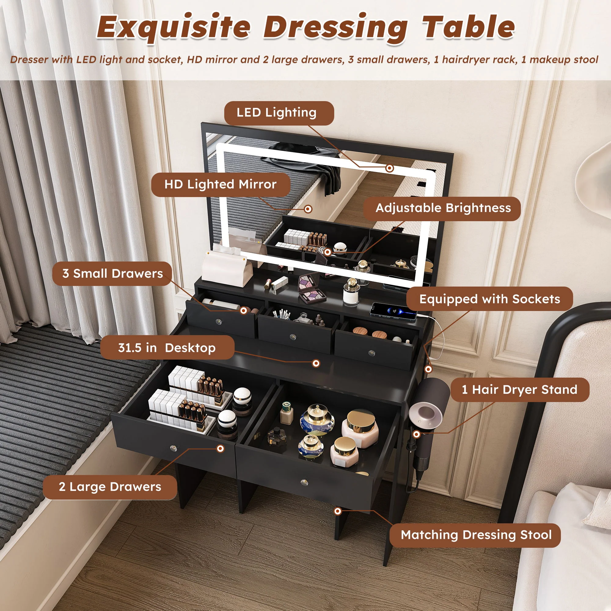 Modern Makeup Vanity Set With Power Outlet, Hair Dryer Holder, And Adjustable Lighting - Image 17