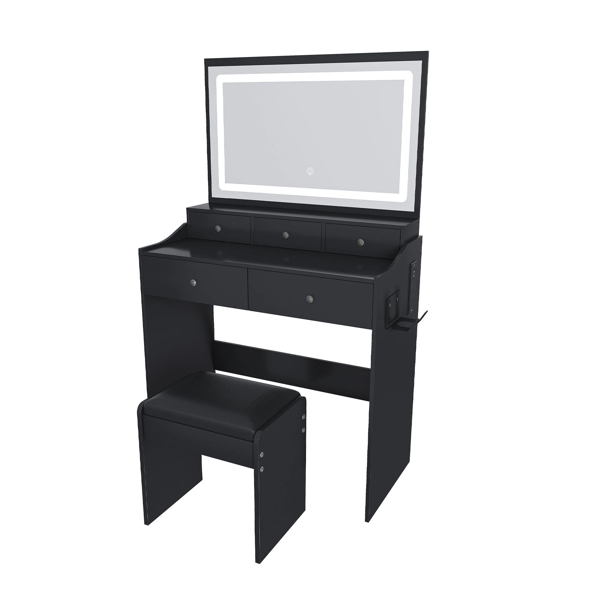 Modern Makeup Vanity Set With Power Outlet, Hair Dryer Holder, And Adjustable Lighting - Image 18