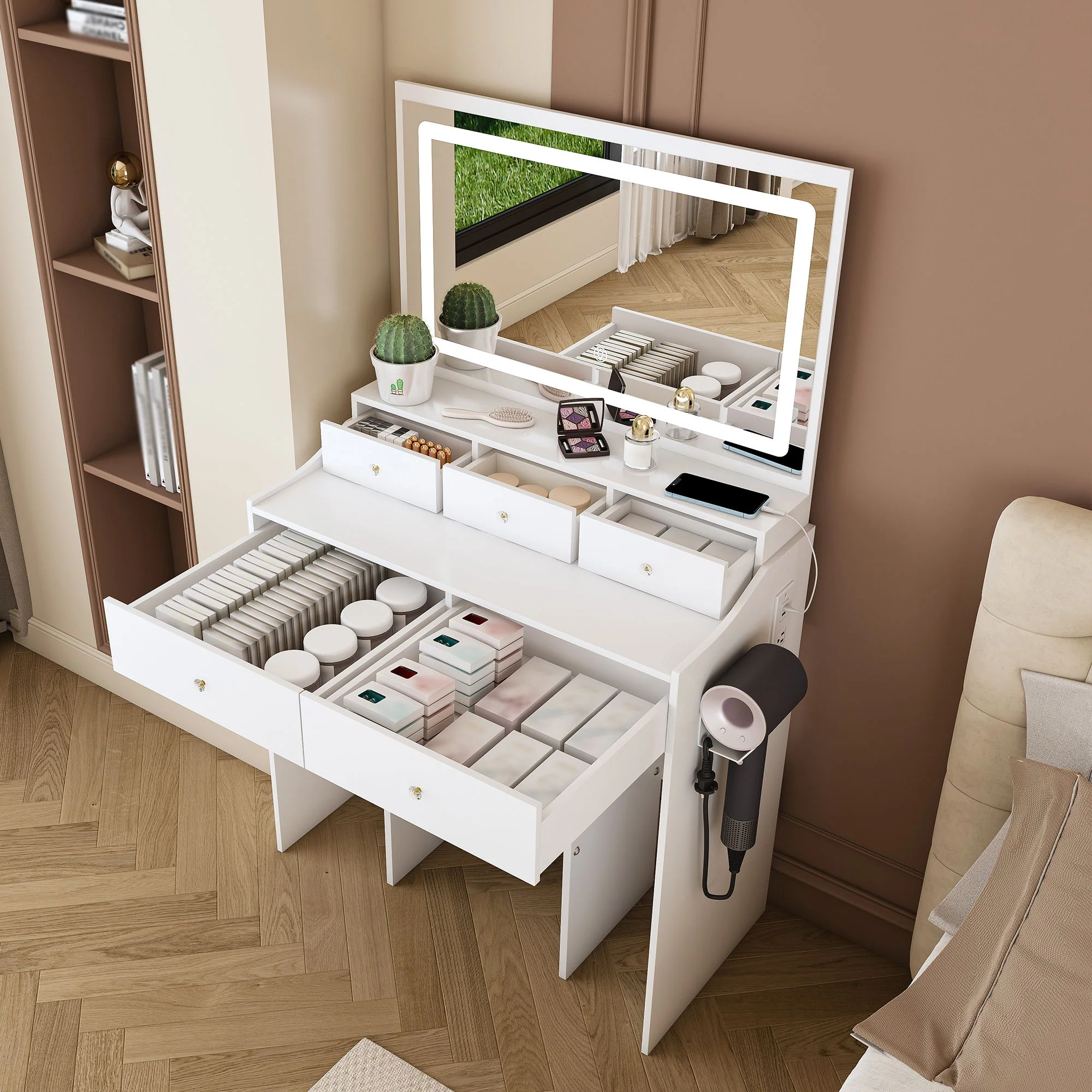 Modern Makeup Vanity Set With Power Outlet, Hair Dryer Holder, And Adjustable Lighting - Image 9