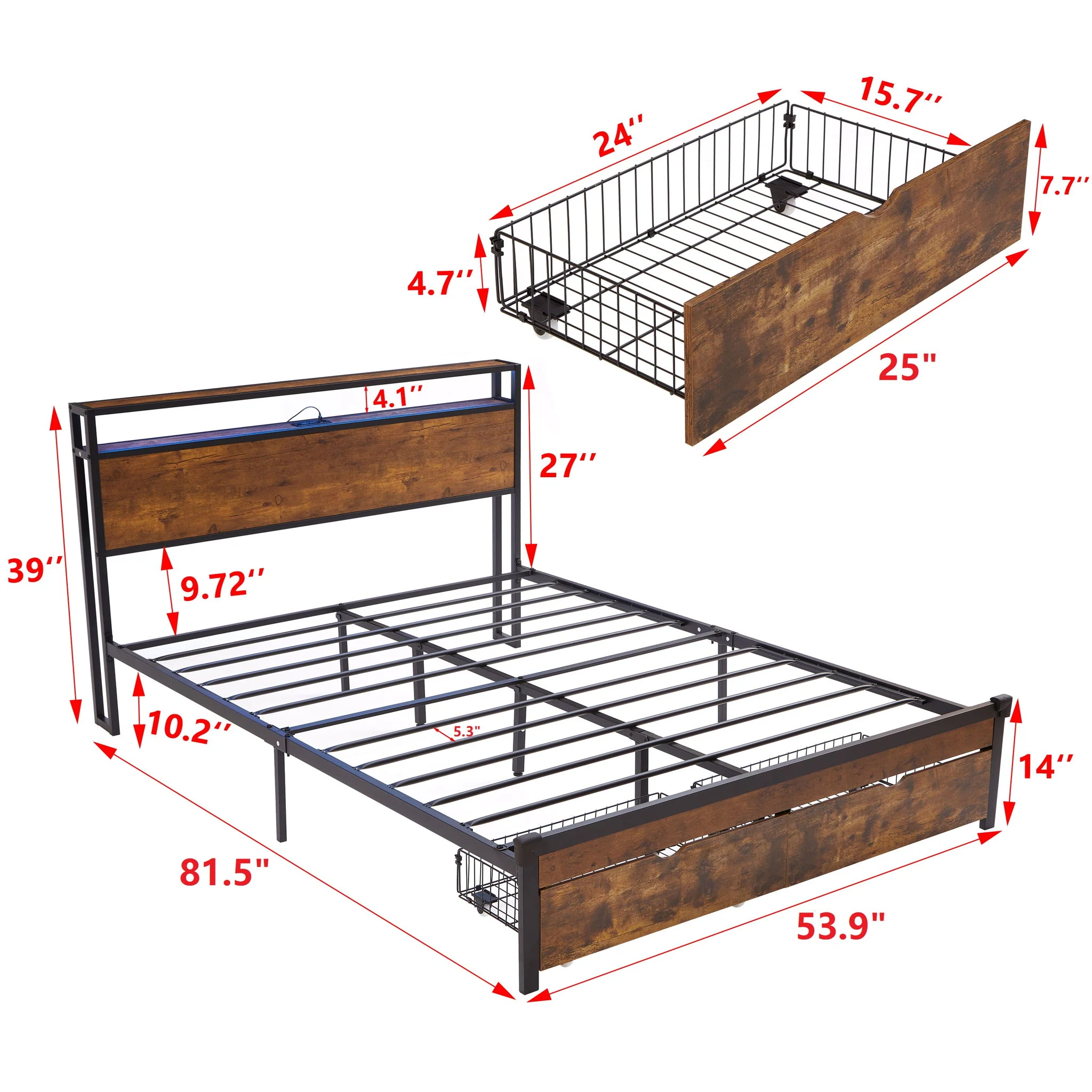 Modern Metal Platform Bed Frame With Wooden Headboard And Footboard, USB Charging Station, LED Lights, 2 Drawers - Image 3