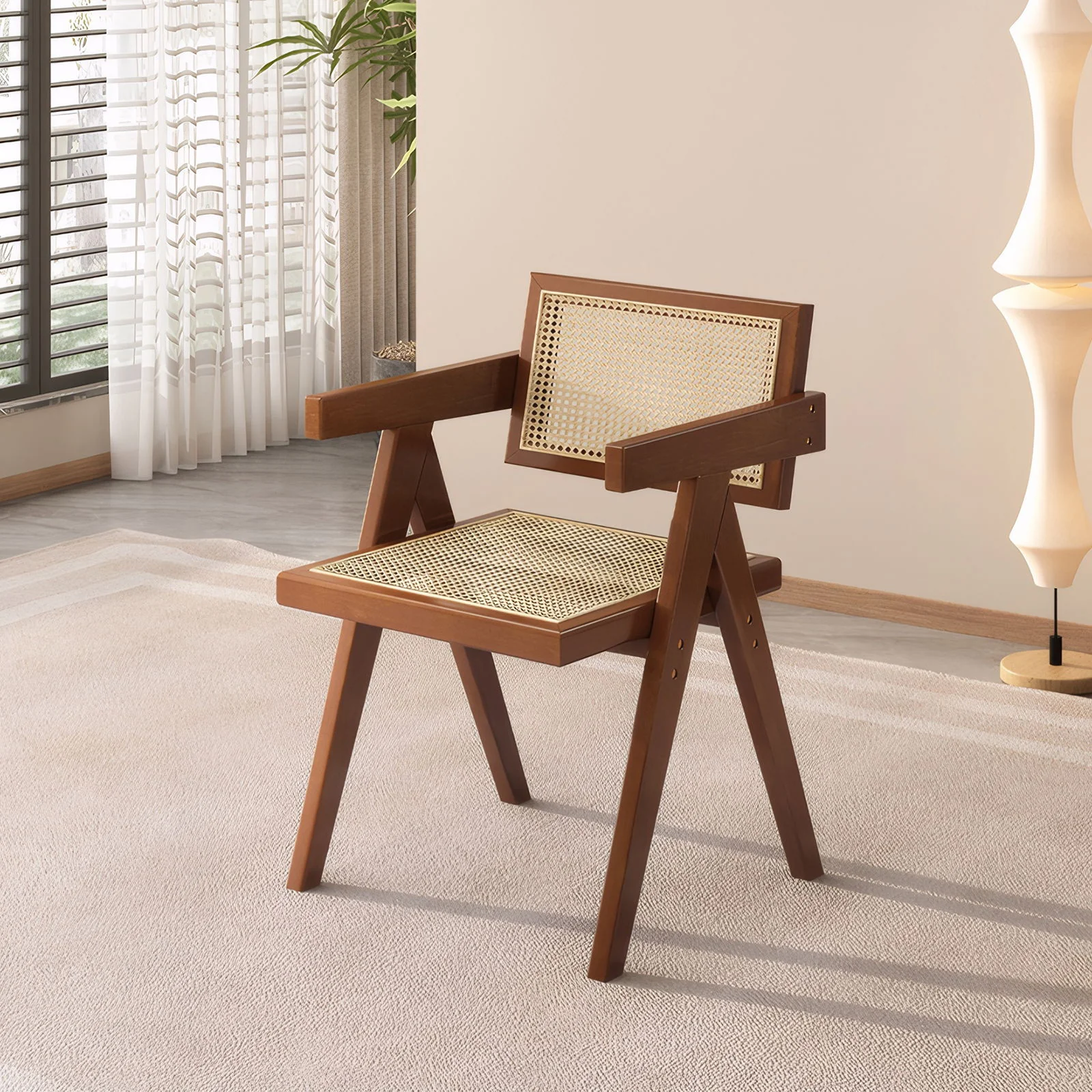 Modern Mid Century Dining Chairs (Set of 2), Rattan Accent Chairs, Comfy Armchairs, Outdoor Wood Chairs With Armrest - Walnut - Image 4